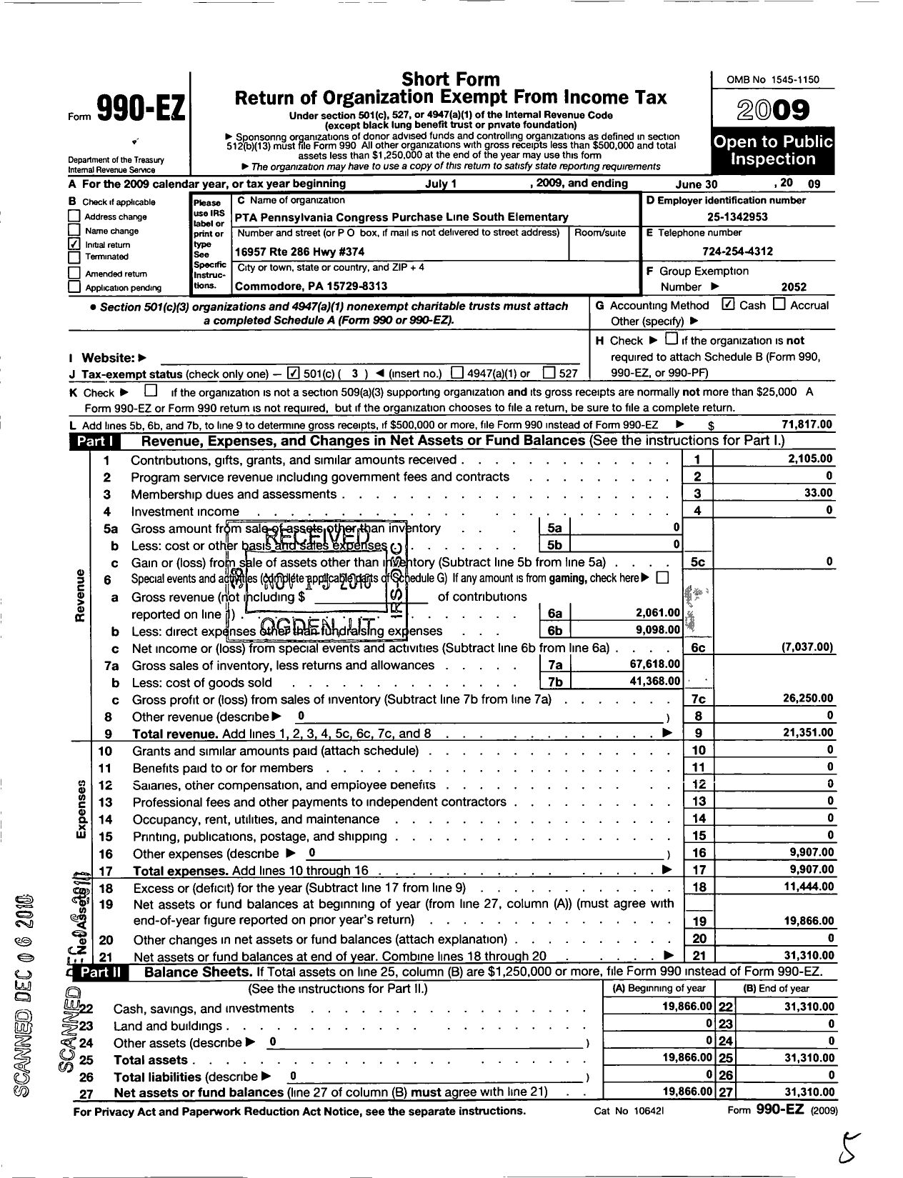 Image of first page of 2009 Form 990EZ for PTA Pennsylvania Congress / Purchase Line Elem PTA Inc