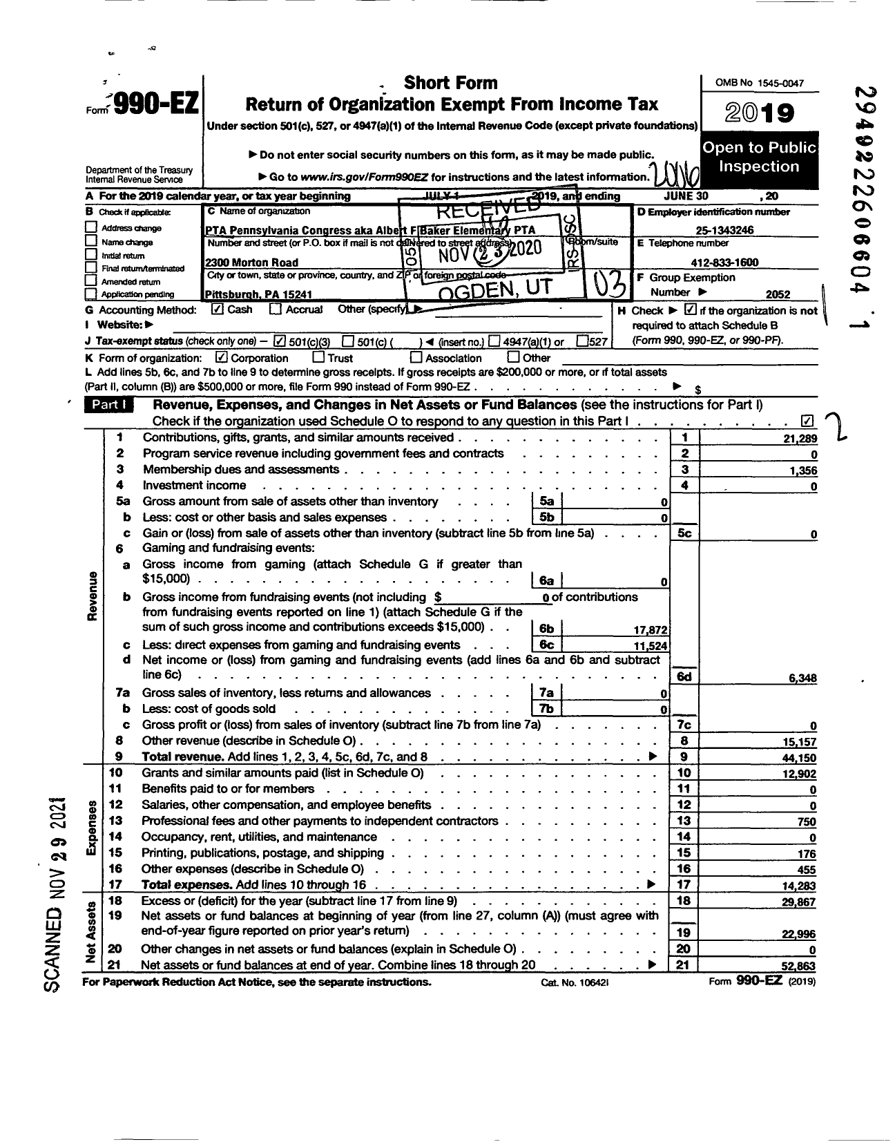 Image of first page of 2019 Form 990EZ for PTA Pennsylvania Congress / Albert F Baker PTA Inc