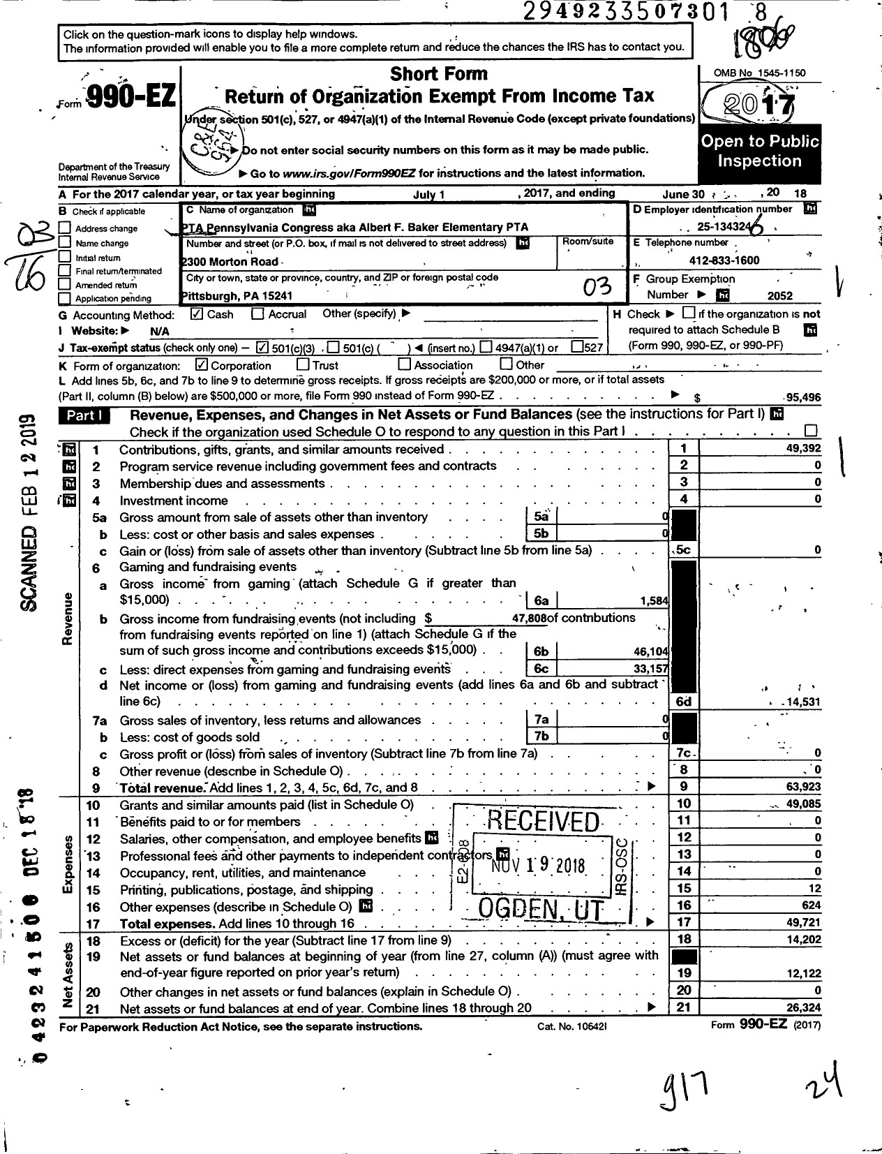 Image of first page of 2017 Form 990EZ for PTA Pennsylvania Congress / Albert F Baker PTA Inc