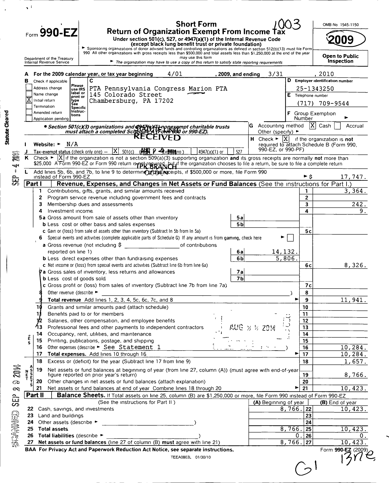 Image of first page of 2009 Form 990EZ for PTA Pennsylvania Congress-Marion PTA