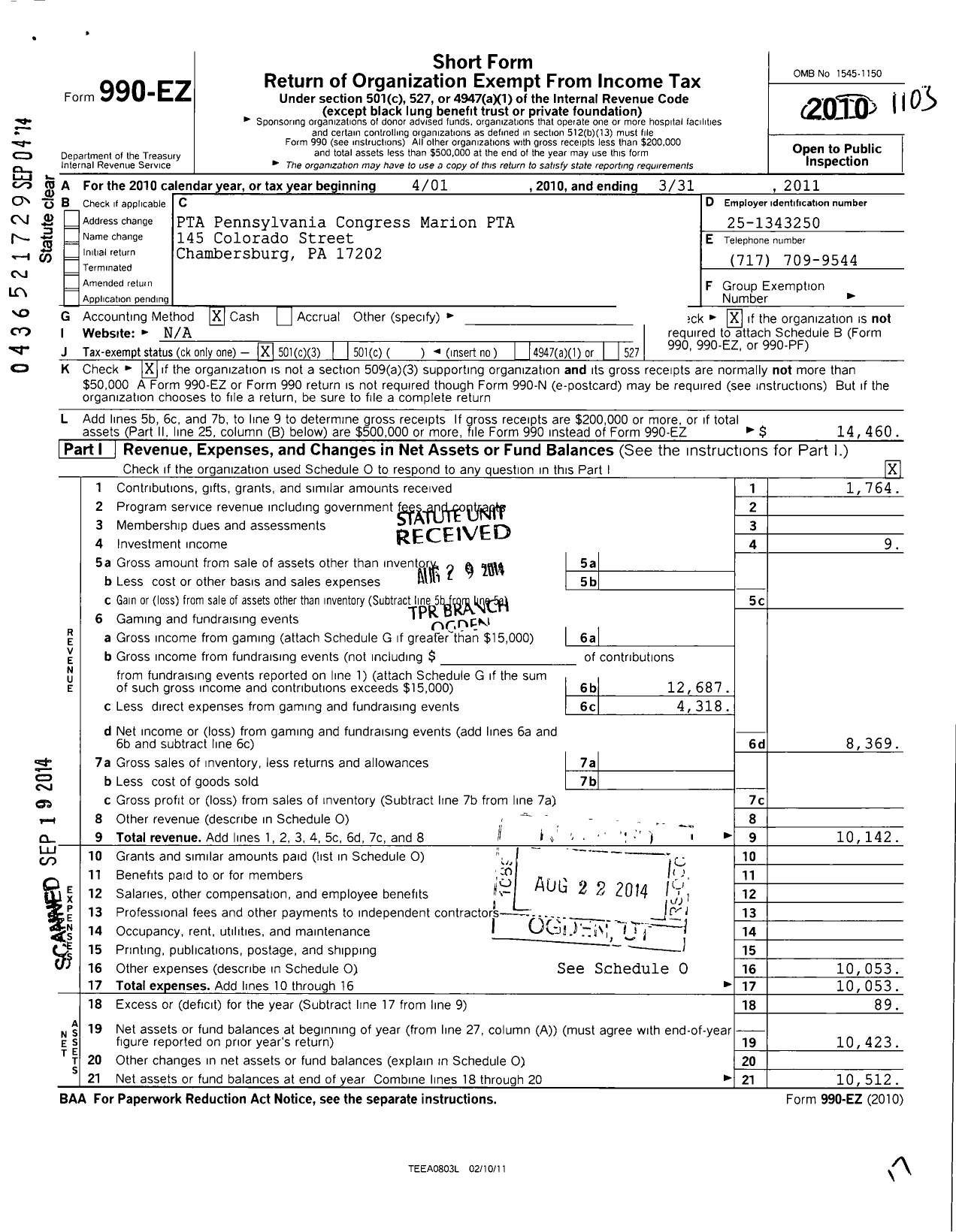 Image of first page of 2010 Form 990EZ for PTA Pennsylvania Congress-Marion PTA