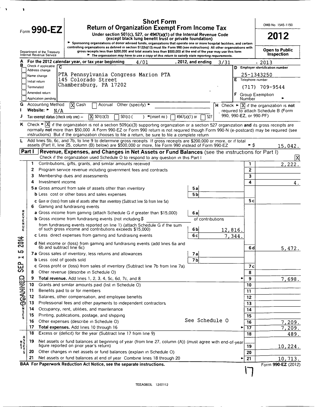 Image of first page of 2012 Form 990EZ for PTA Pennsylvania Congress-Marion PTA