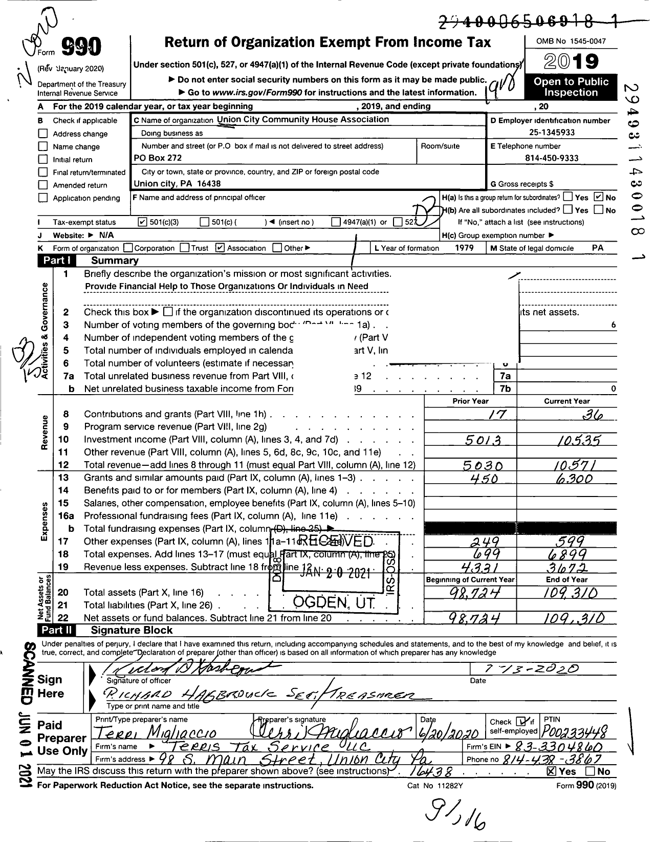 Image of first page of 2019 Form 990 for Union City Community House Association