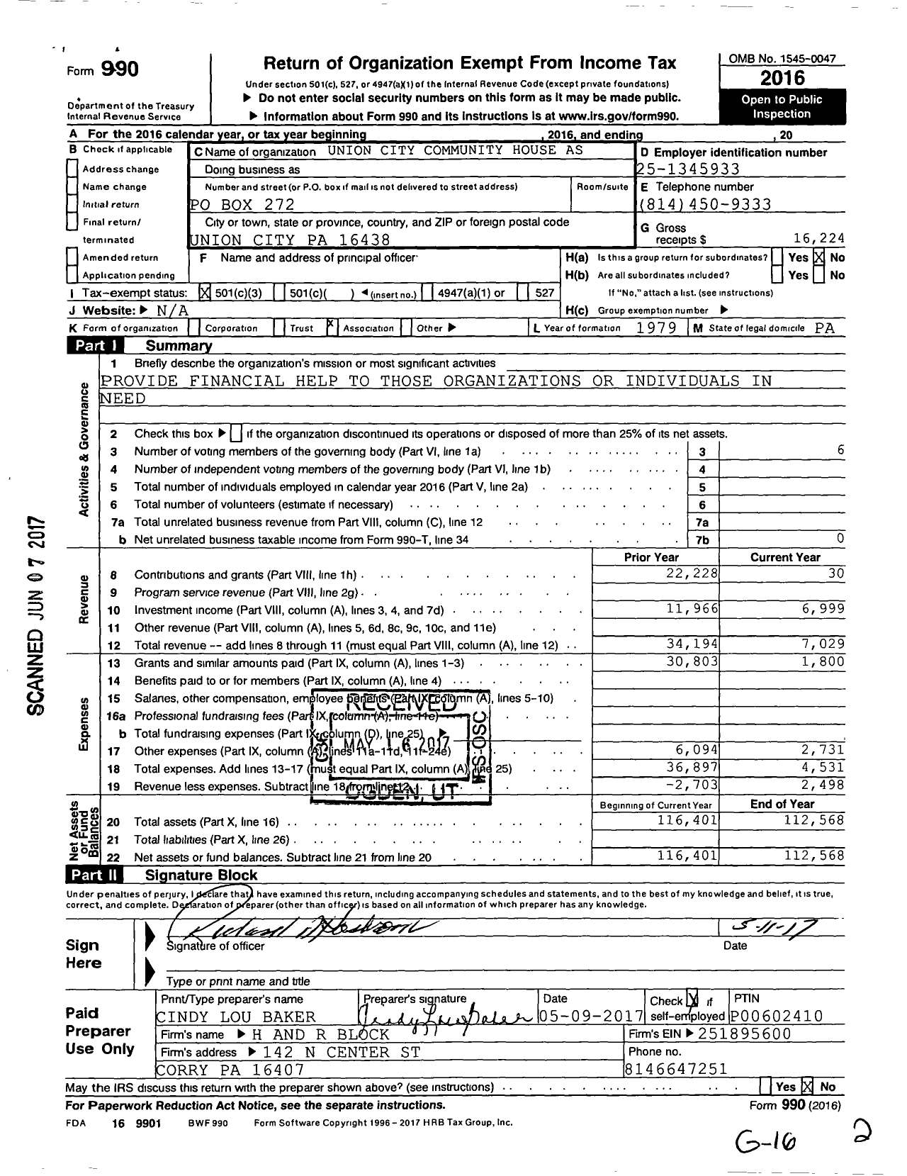 Image of first page of 2016 Form 990 for Union City Community House Association