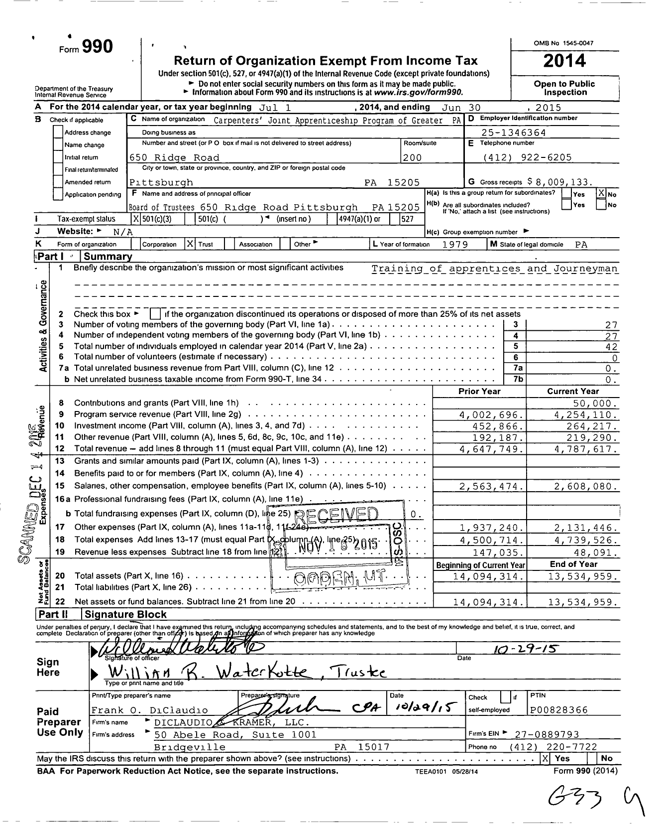 Image of first page of 2014 Form 990 for KML Carpenters' Apprenticeship and Training Fund