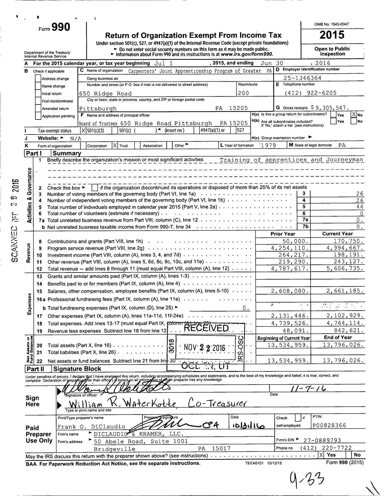 Image of first page of 2015 Form 990 for KML Carpenters' Apprenticeship and Training Fund