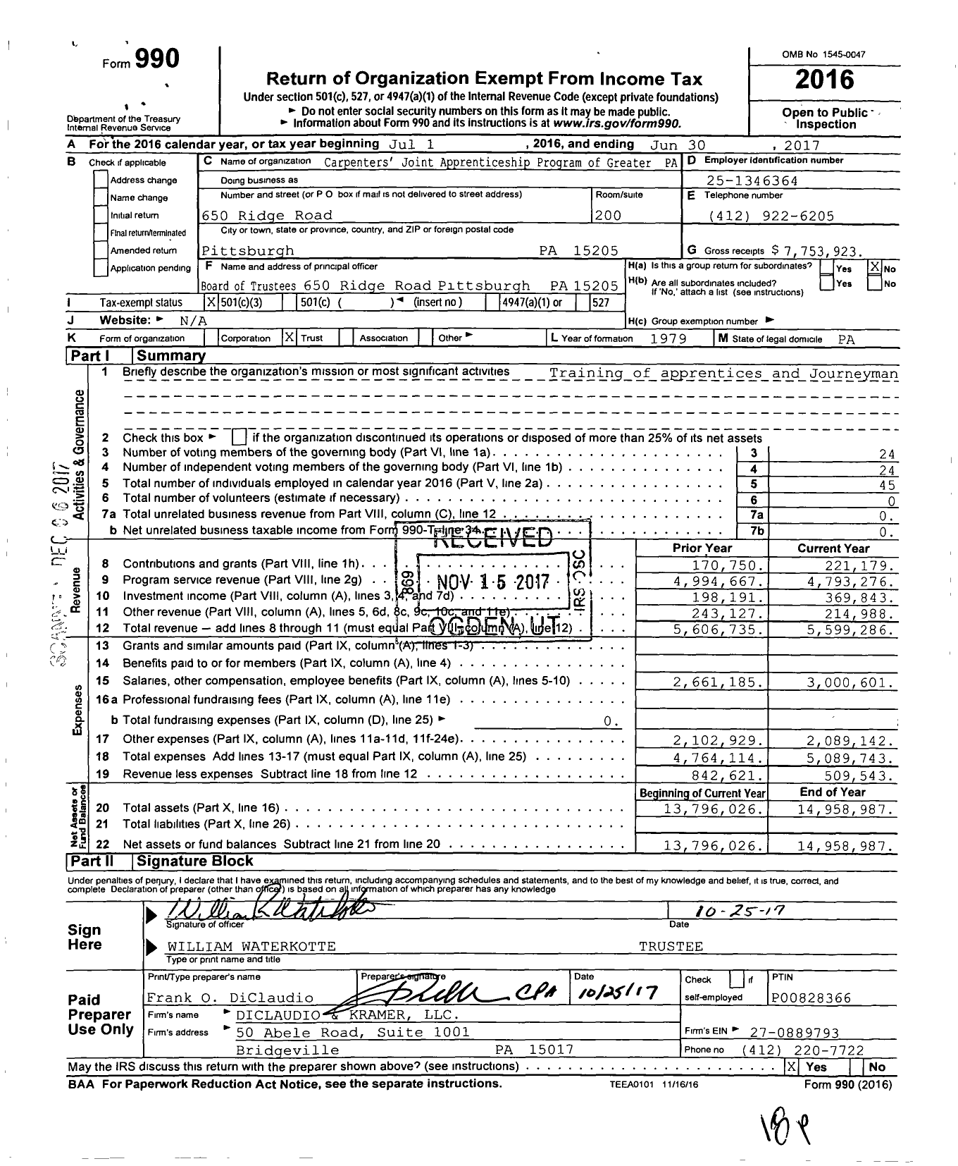 Image of first page of 2016 Form 990 for KML Carpenters' Apprenticeship and Training Fund