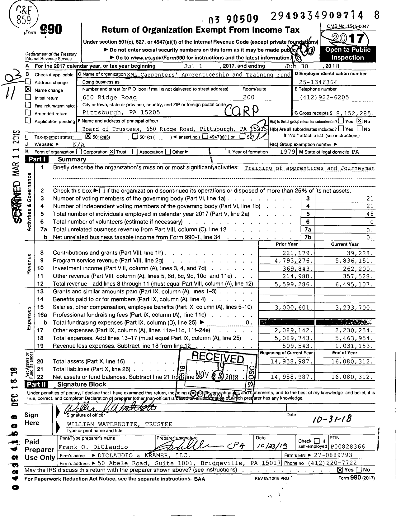 Image of first page of 2017 Form 990 for KML Carpenters' Apprenticeship and Training Fund
