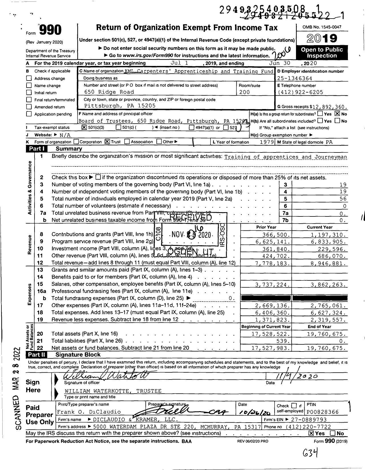 Image of first page of 2019 Form 990 for KML Carpenters' Apprenticeship and Training Fund