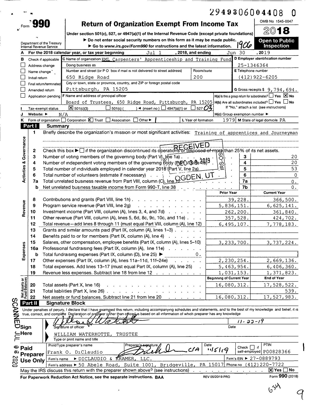 Image of first page of 2018 Form 990 for KML Carpenters' Apprenticeship and Training Fund