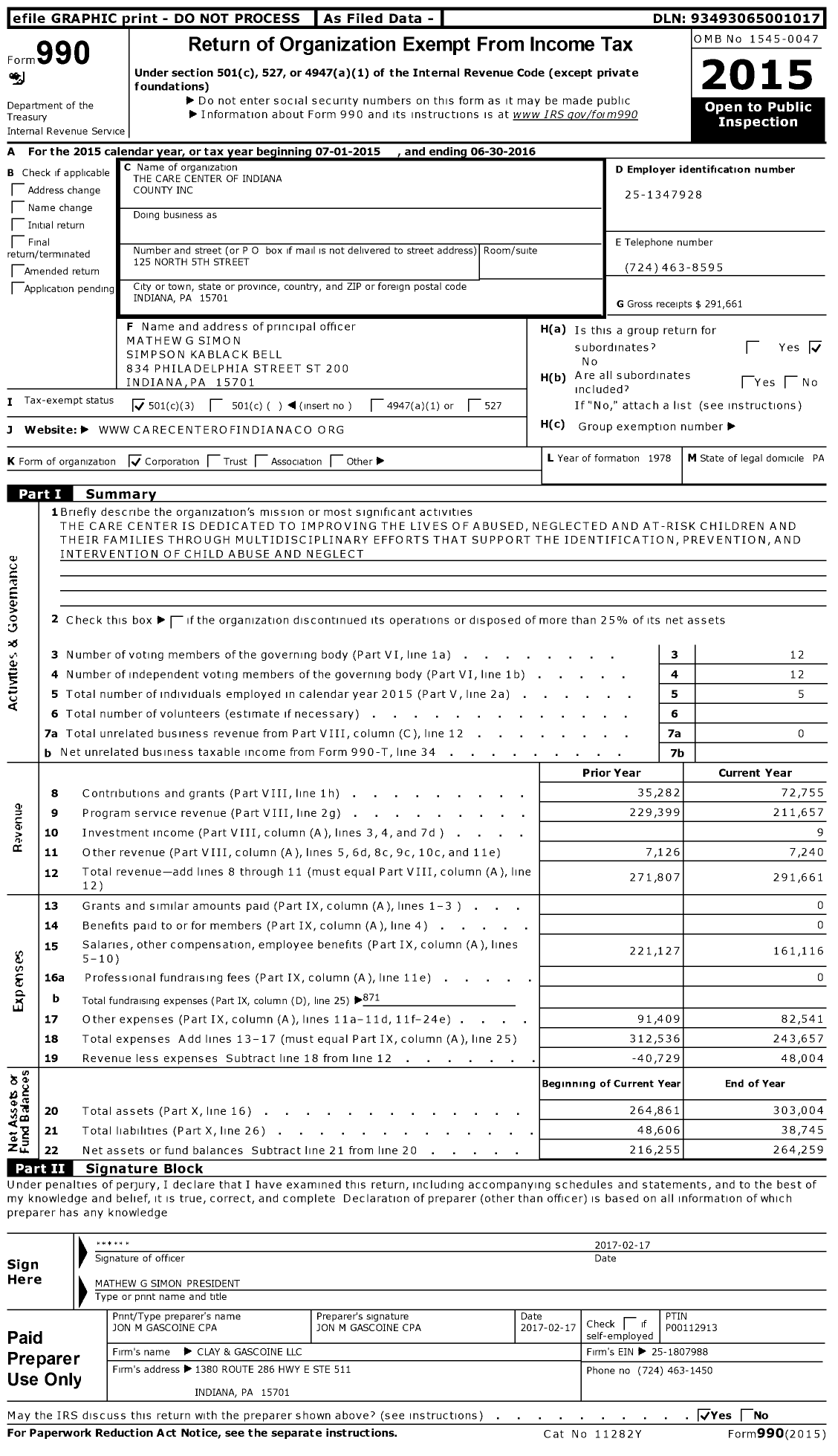 Image of first page of 2015 Form 990 for The Care Center of Indiana County