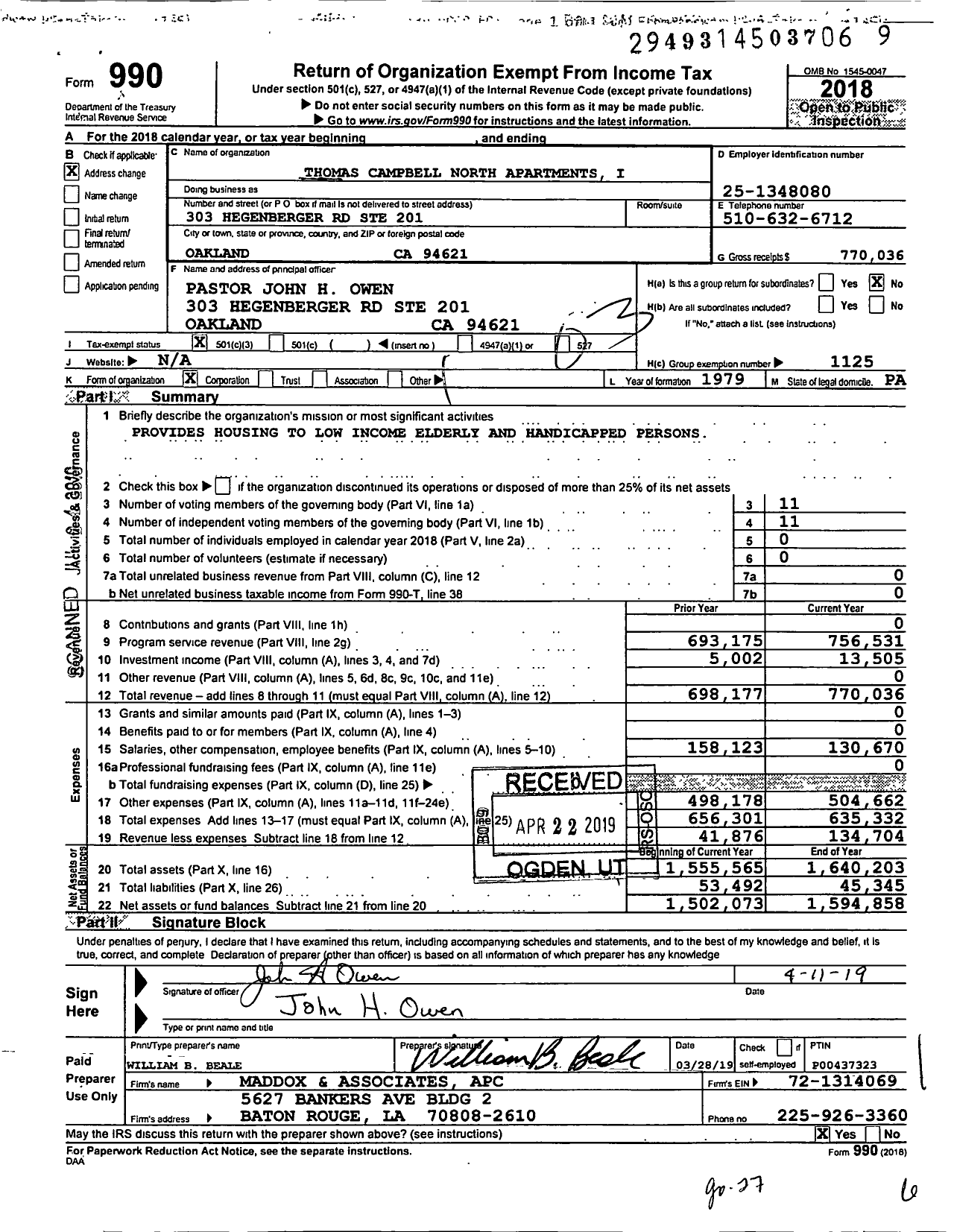 Image of first page of 2018 Form 990 for Thomas Campbell North Apartments