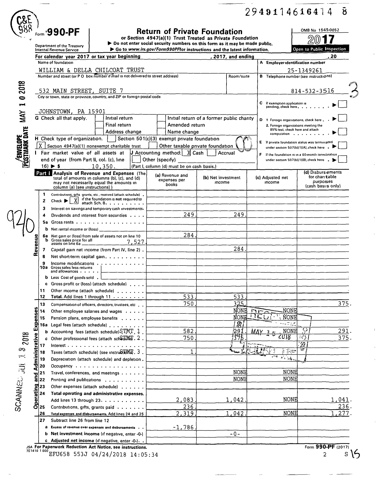 Image of first page of 2017 Form 990PF for William and Della Chilcoat Trust