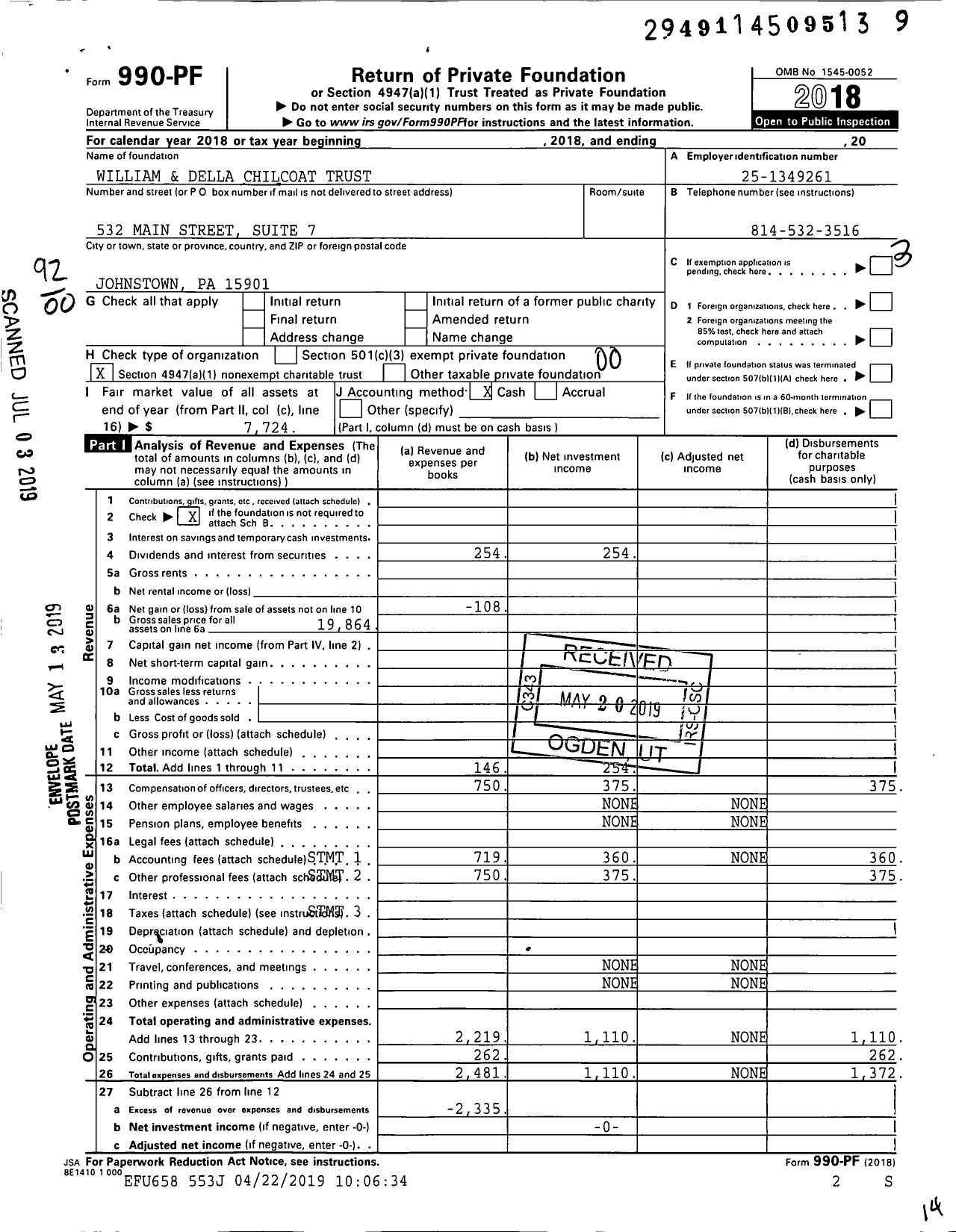 Image of first page of 2018 Form 990PF for William and Della Chilcoat Trust