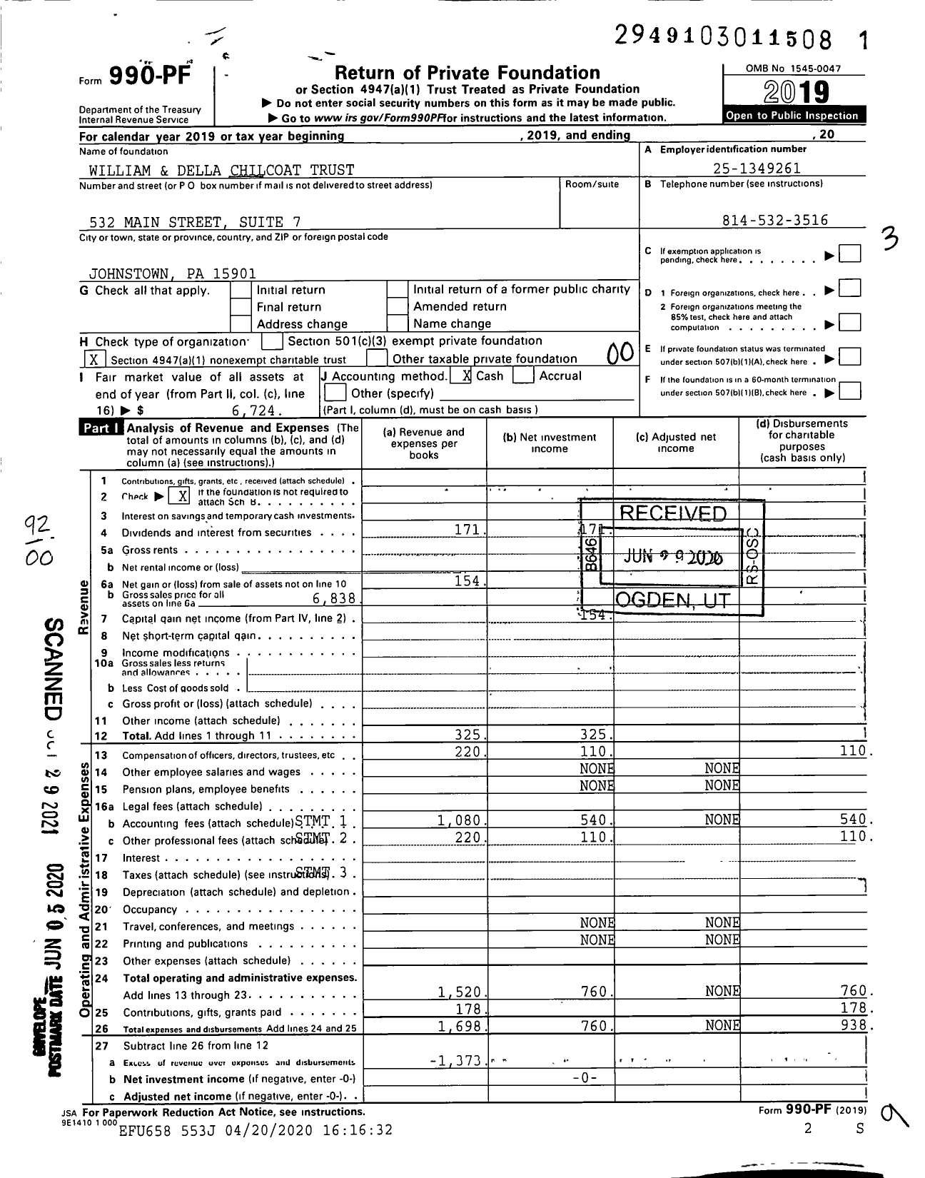 Image of first page of 2019 Form 990PF for William and Della Chilcoat Trust