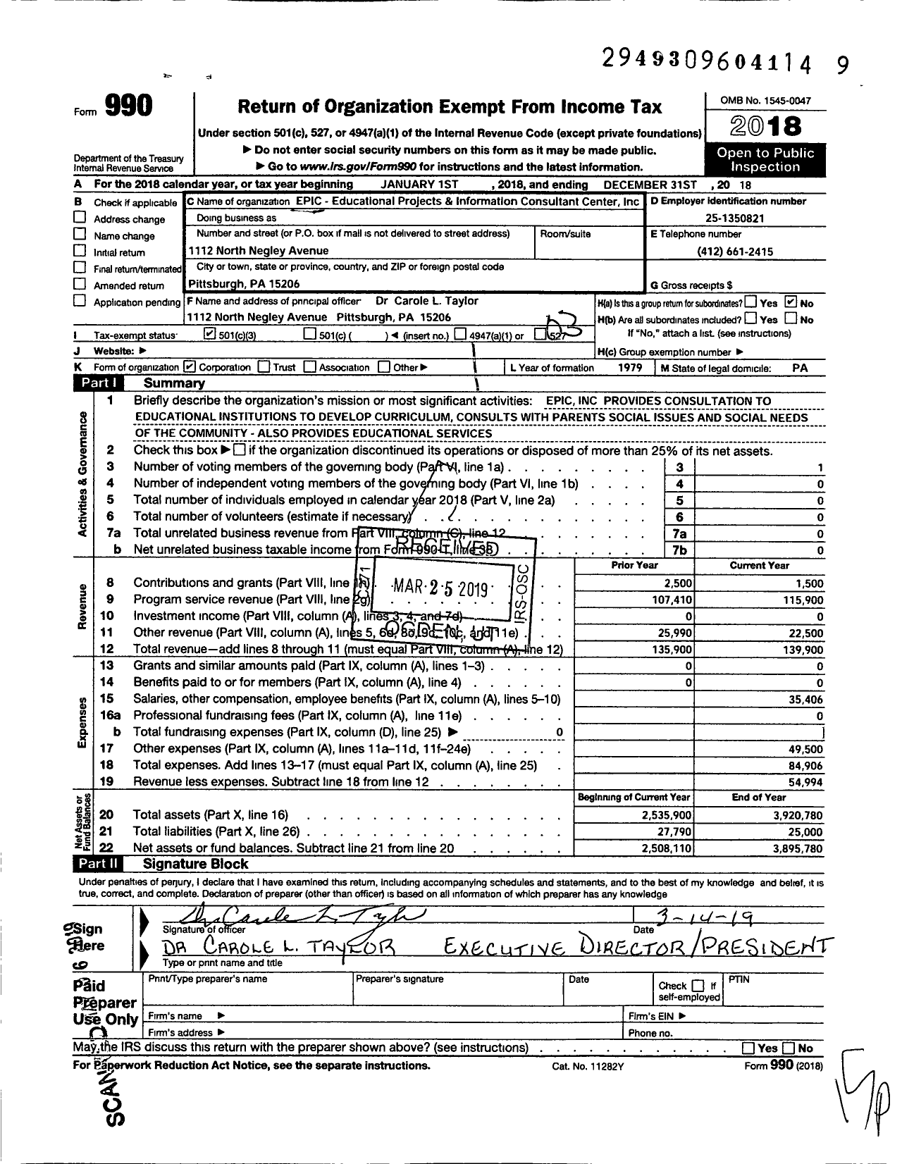 Image of first page of 2018 Form 990 for Epic Educational Products Info Consultant Center