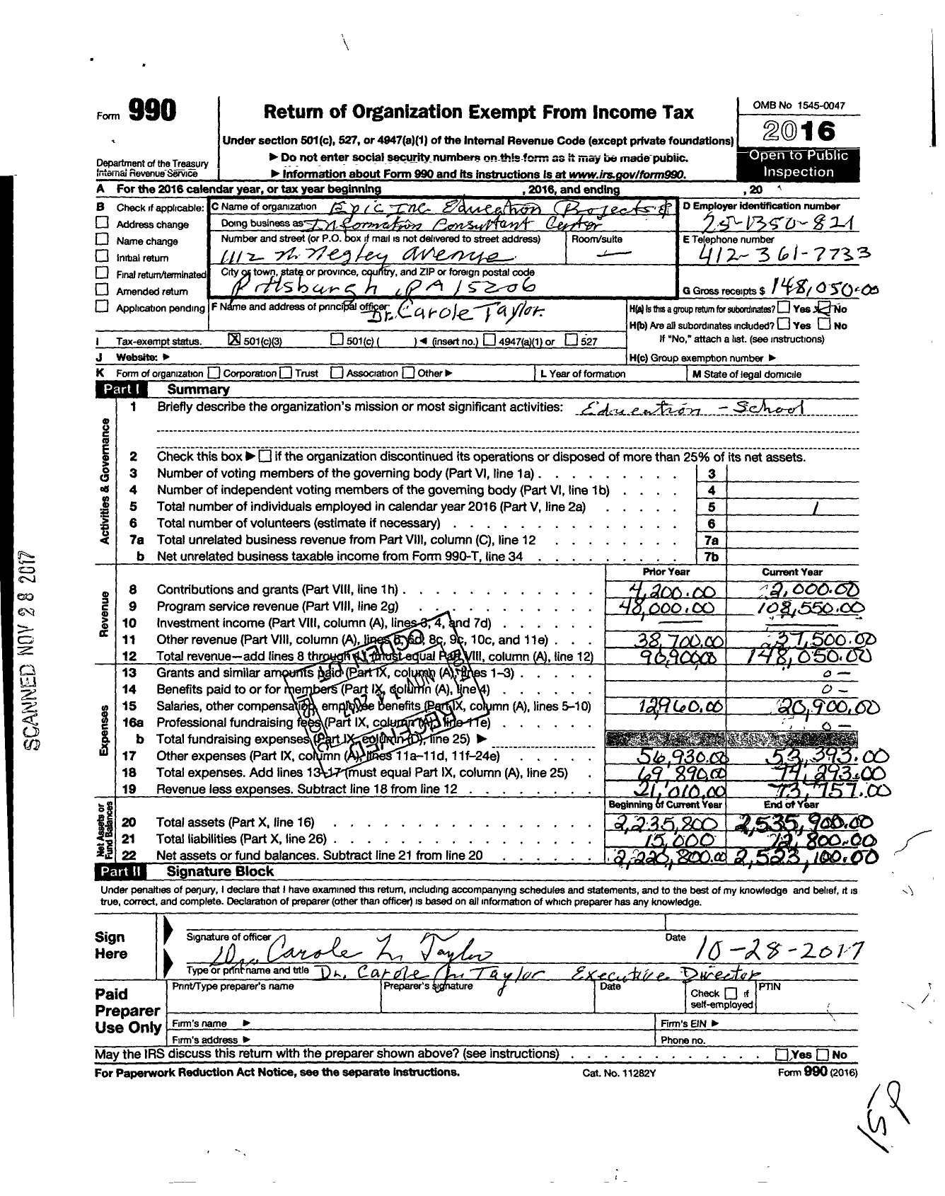 Image of first page of 2016 Form 990 for Epic Educational Products Info Consultant Center