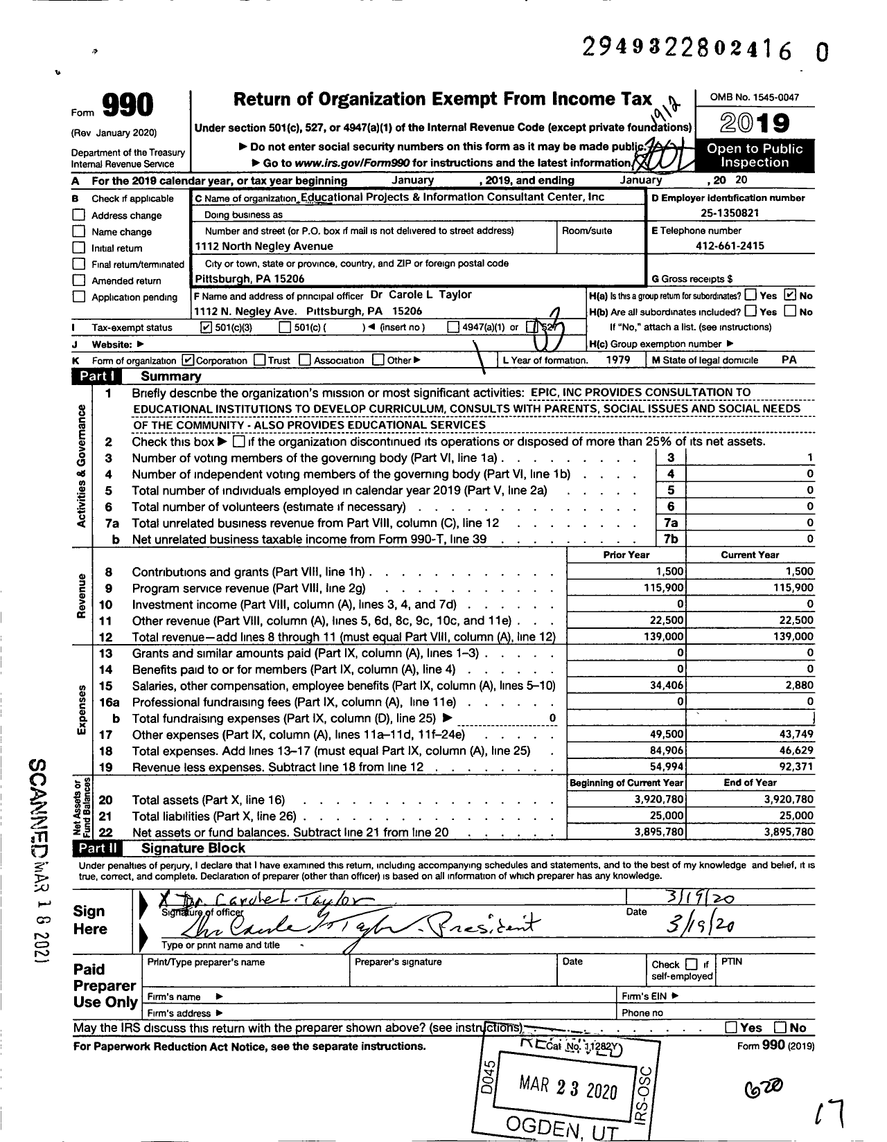 Image of first page of 2019 Form 990 for Epic Educational Products Info Consultant Center