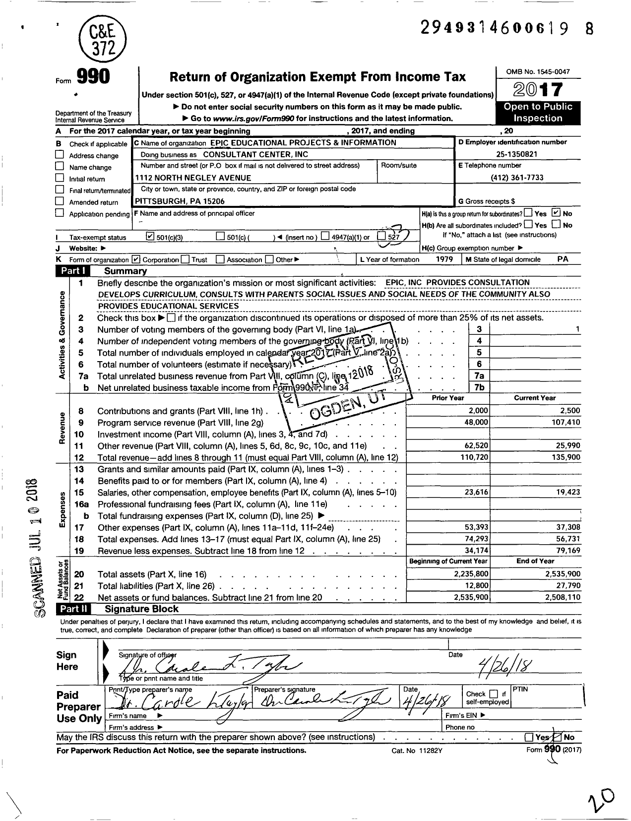 Image of first page of 2017 Form 990 for Epic Educational Products Info Consultant Center