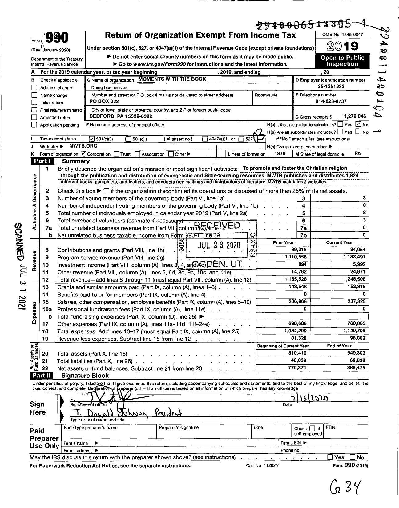 Image of first page of 2019 Form 990 for Moments with the Book