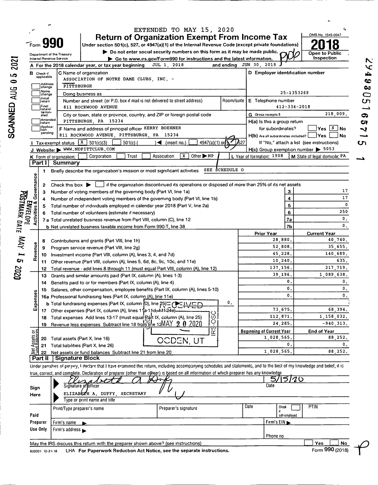 Image of first page of 2018 Form 990 for Association of Notre Dame Clubs - Pittsburgh