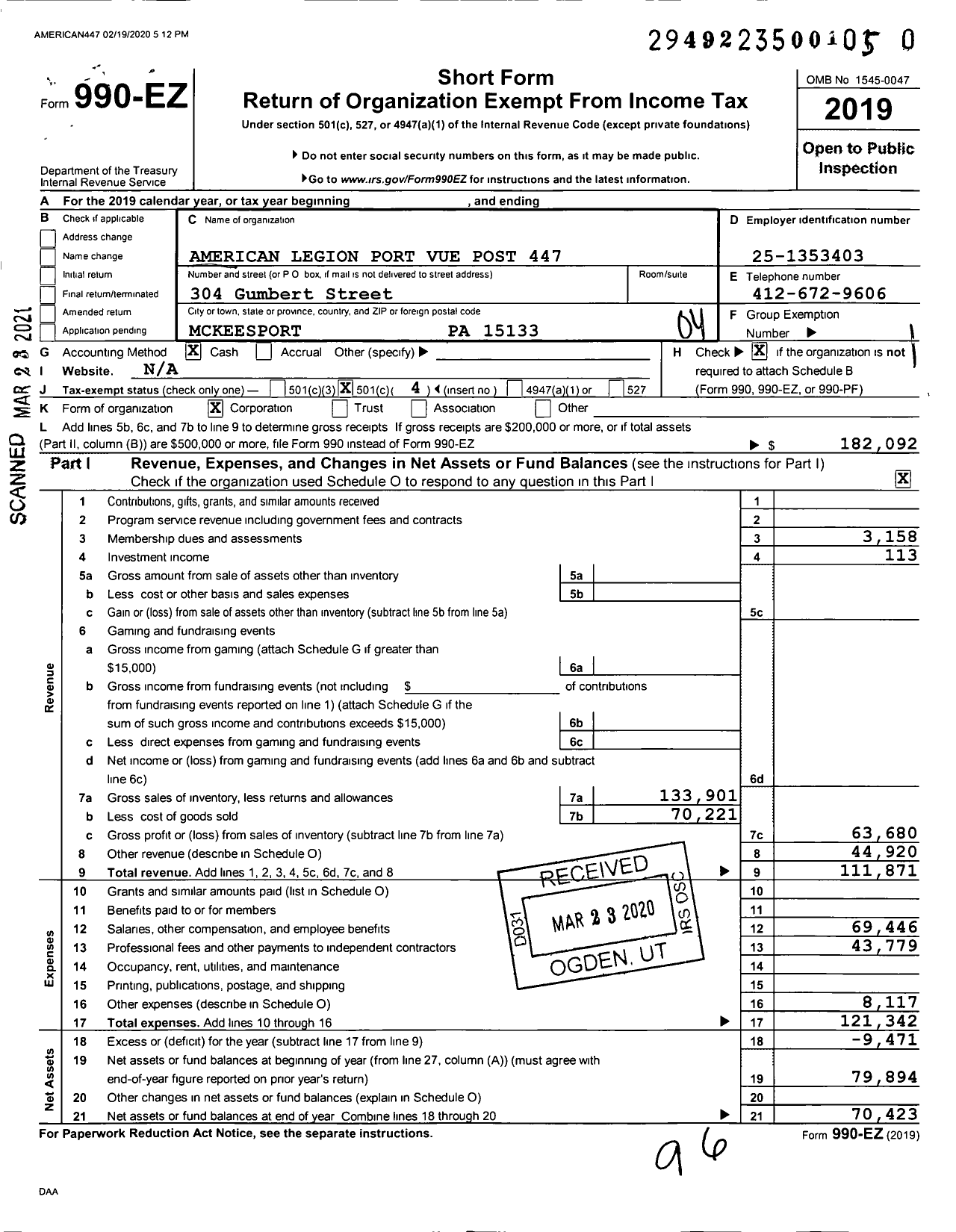 Image of first page of 2019 Form 990EO for American Legion - 447 Port Vue Post