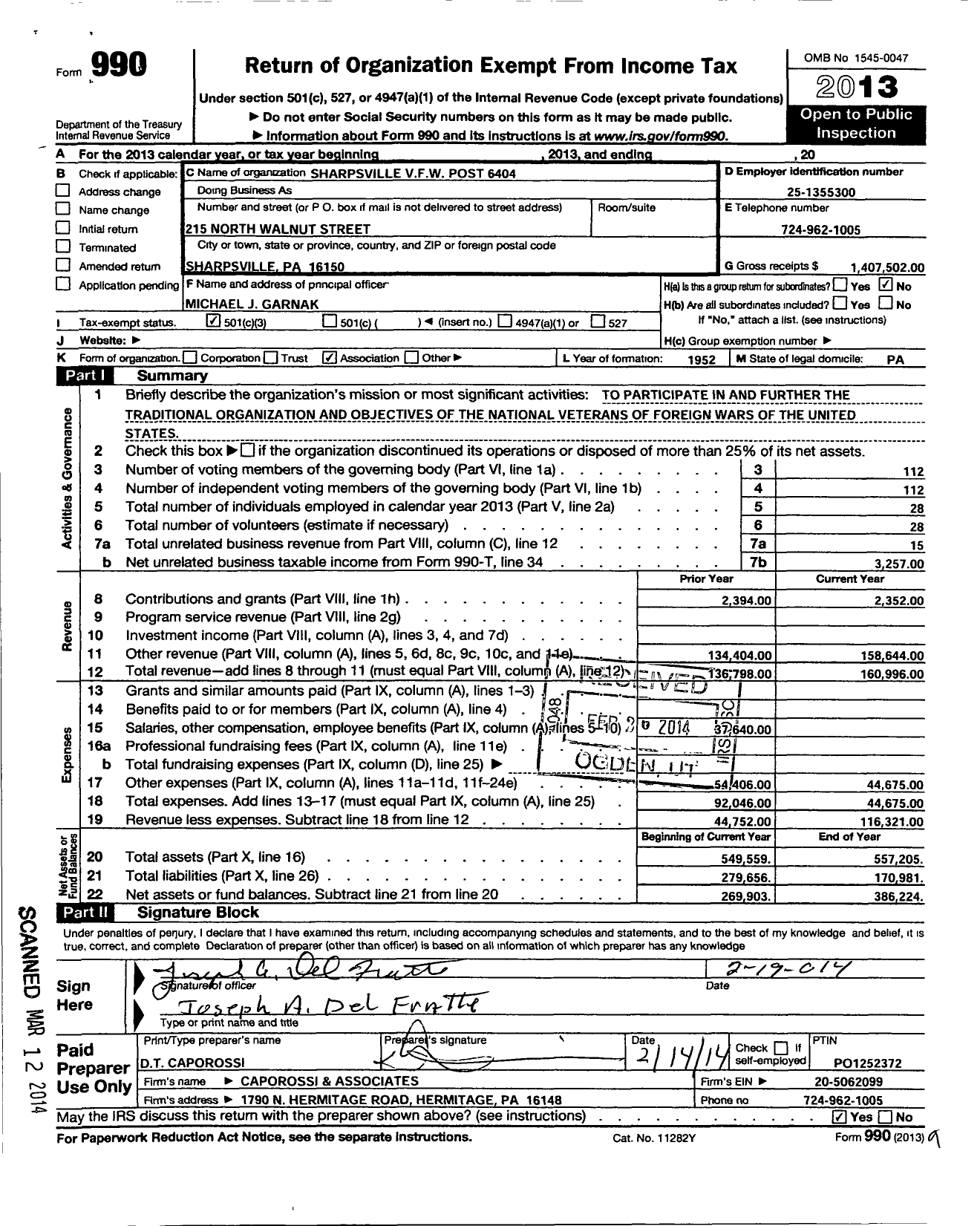 Image of first page of 2013 Form 990 for VFW Department of Pennsylvania - 6404 Sharpsville VFW Post