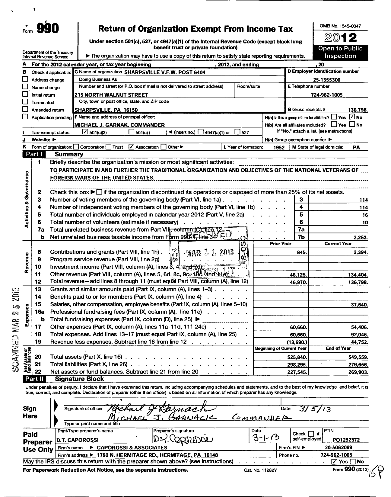 Image of first page of 2012 Form 990 for VFW Department of Pennsylvania - 6404 Sharpsville VFW Post