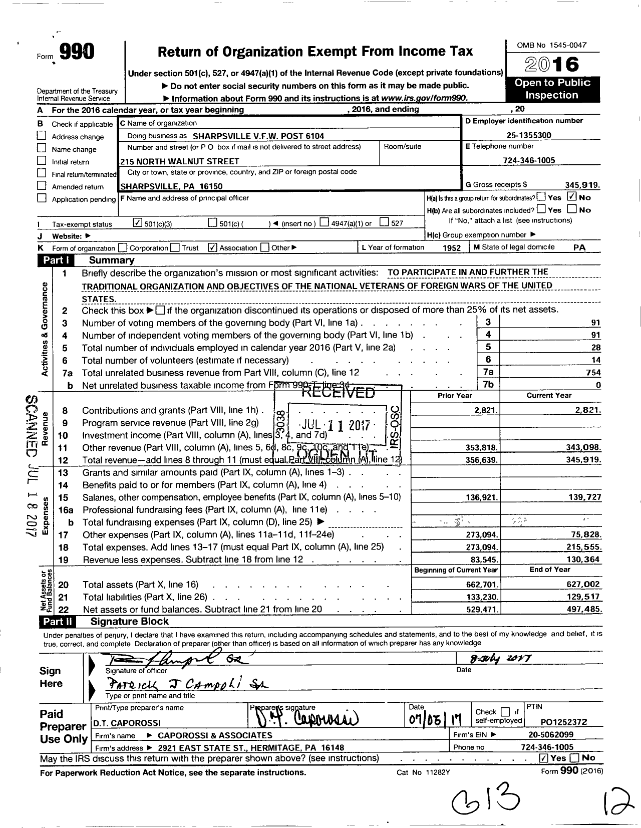 Image of first page of 2016 Form 990 for VFW Department of Pennsylvania - 6404 Sharpsville VFW Post