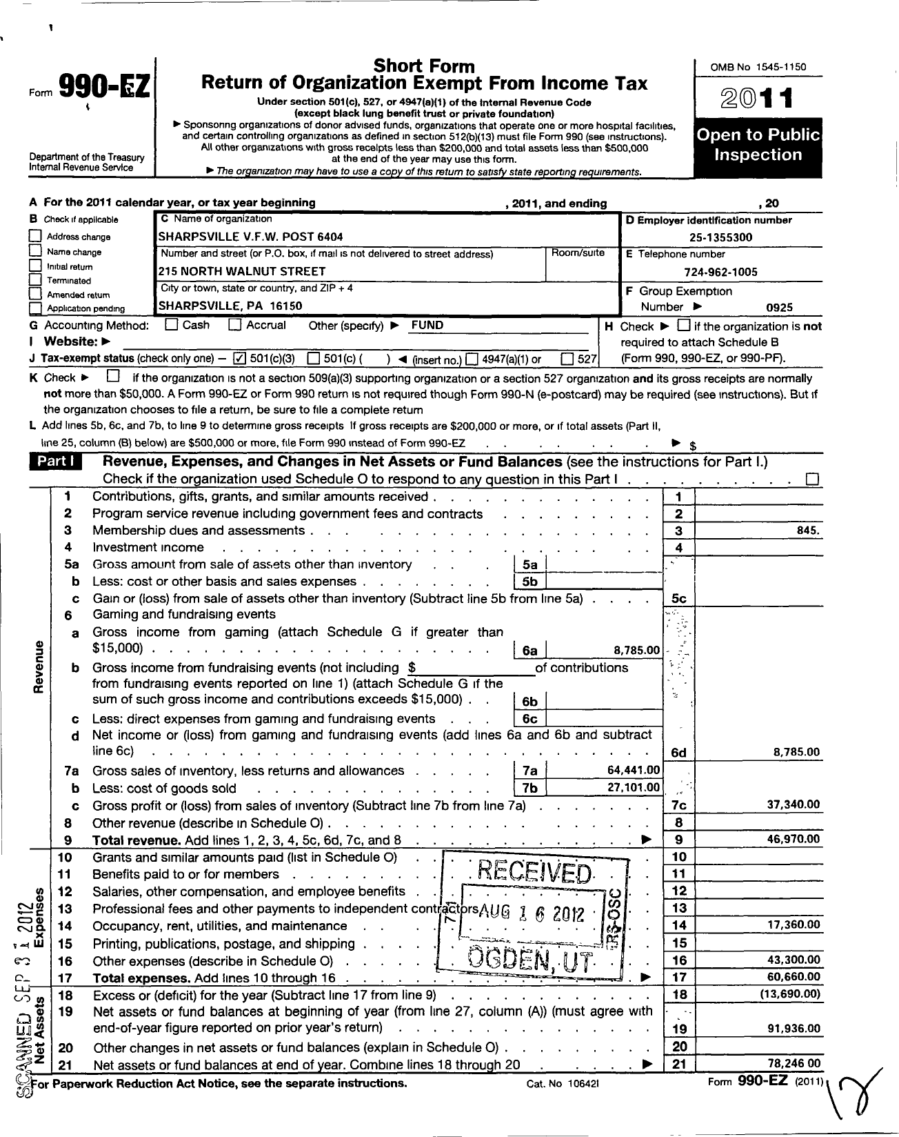Image of first page of 2011 Form 990EZ for VFW Department of Pennsylvania - 6404 Sharpsville VFW Post