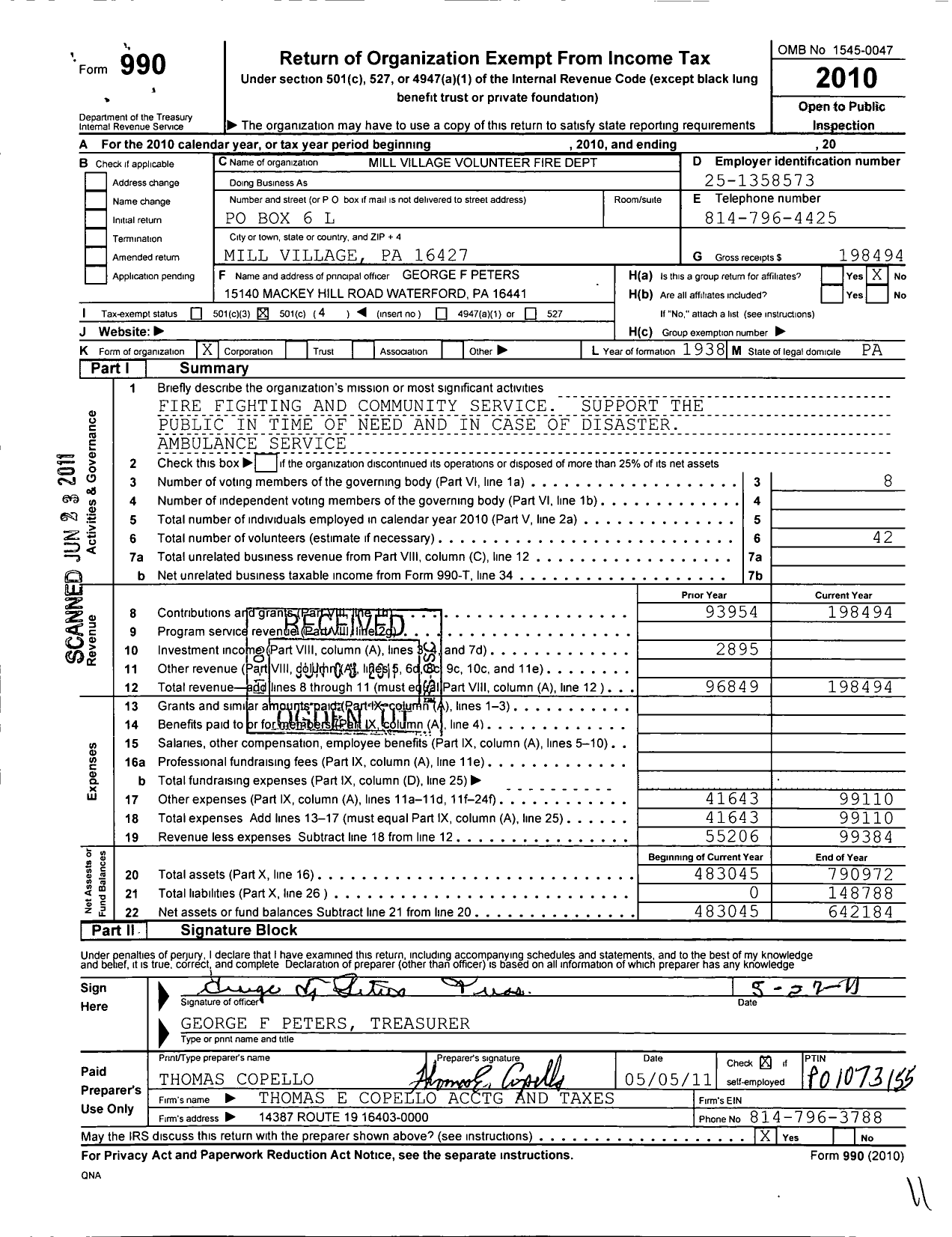 Image of first page of 2010 Form 990O for Mill Village Fire Department