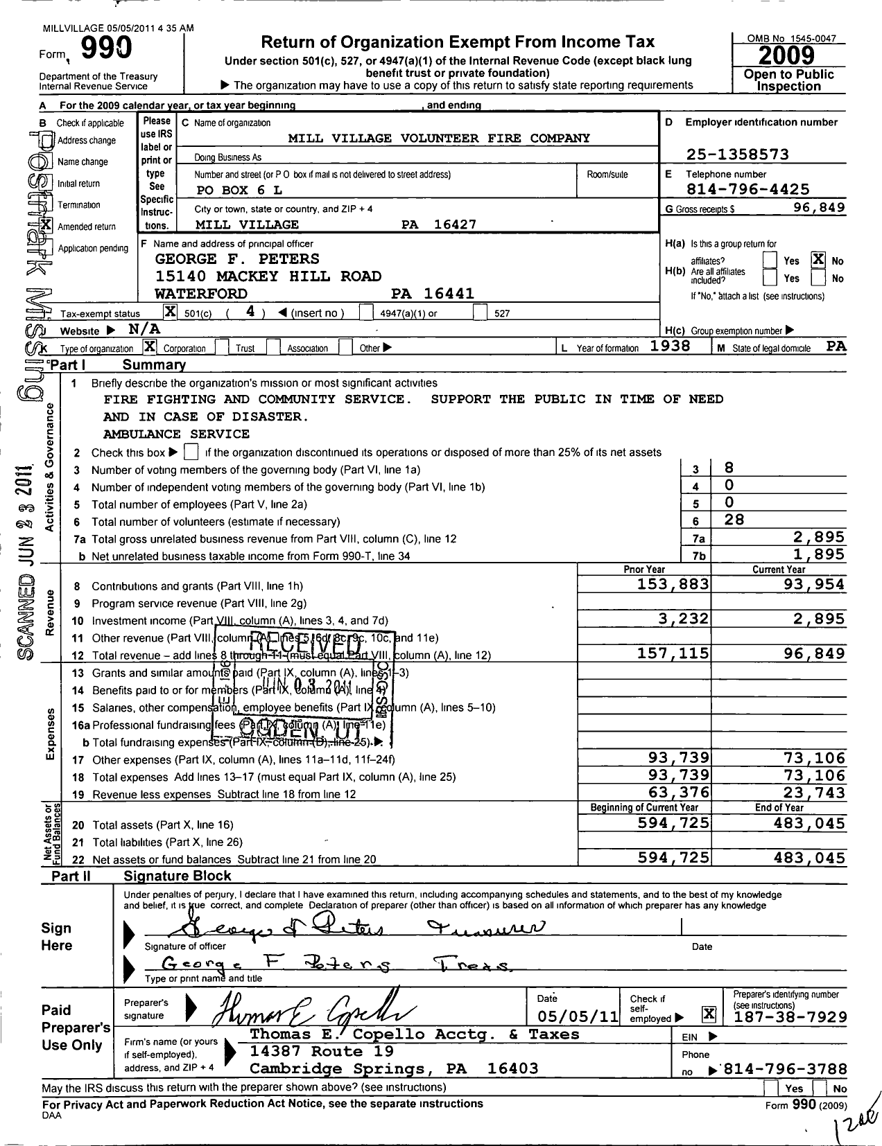 Image of first page of 2009 Form 990O for Mill Village Fire Department