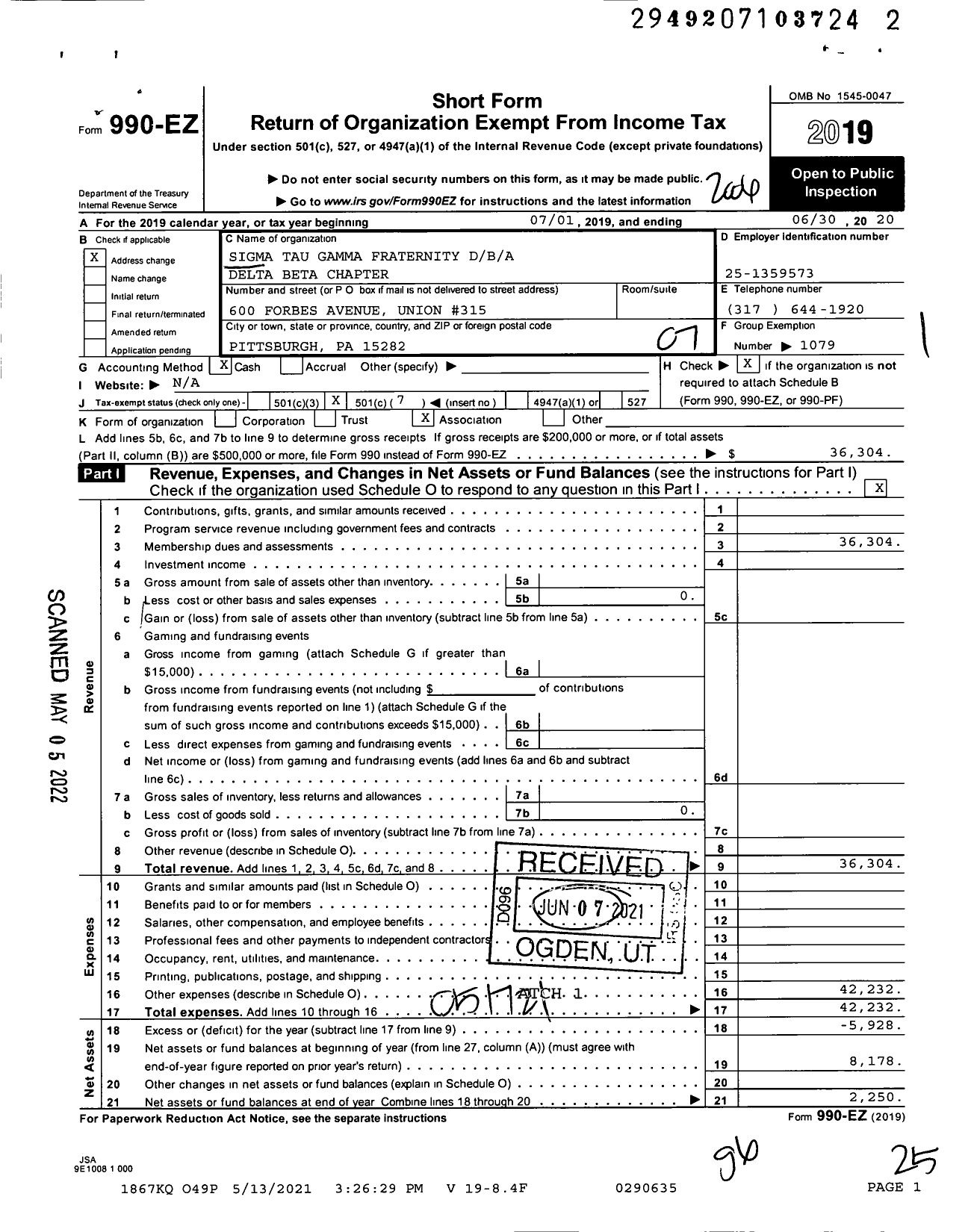 Image of first page of 2019 Form 990EO for Sigma Tau Gamma