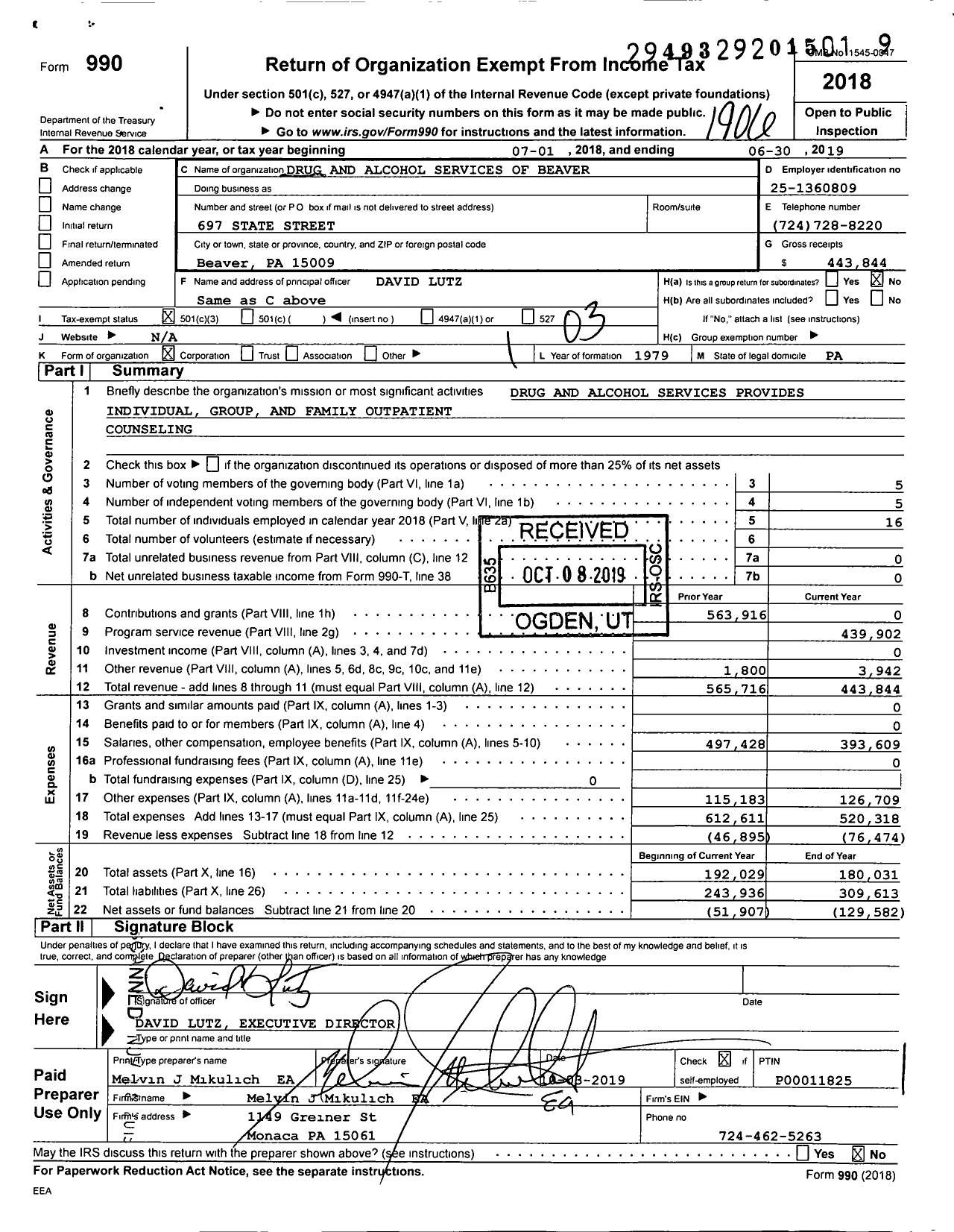 Image of first page of 2018 Form 990 for Drug and Alcohol Services of Beaver