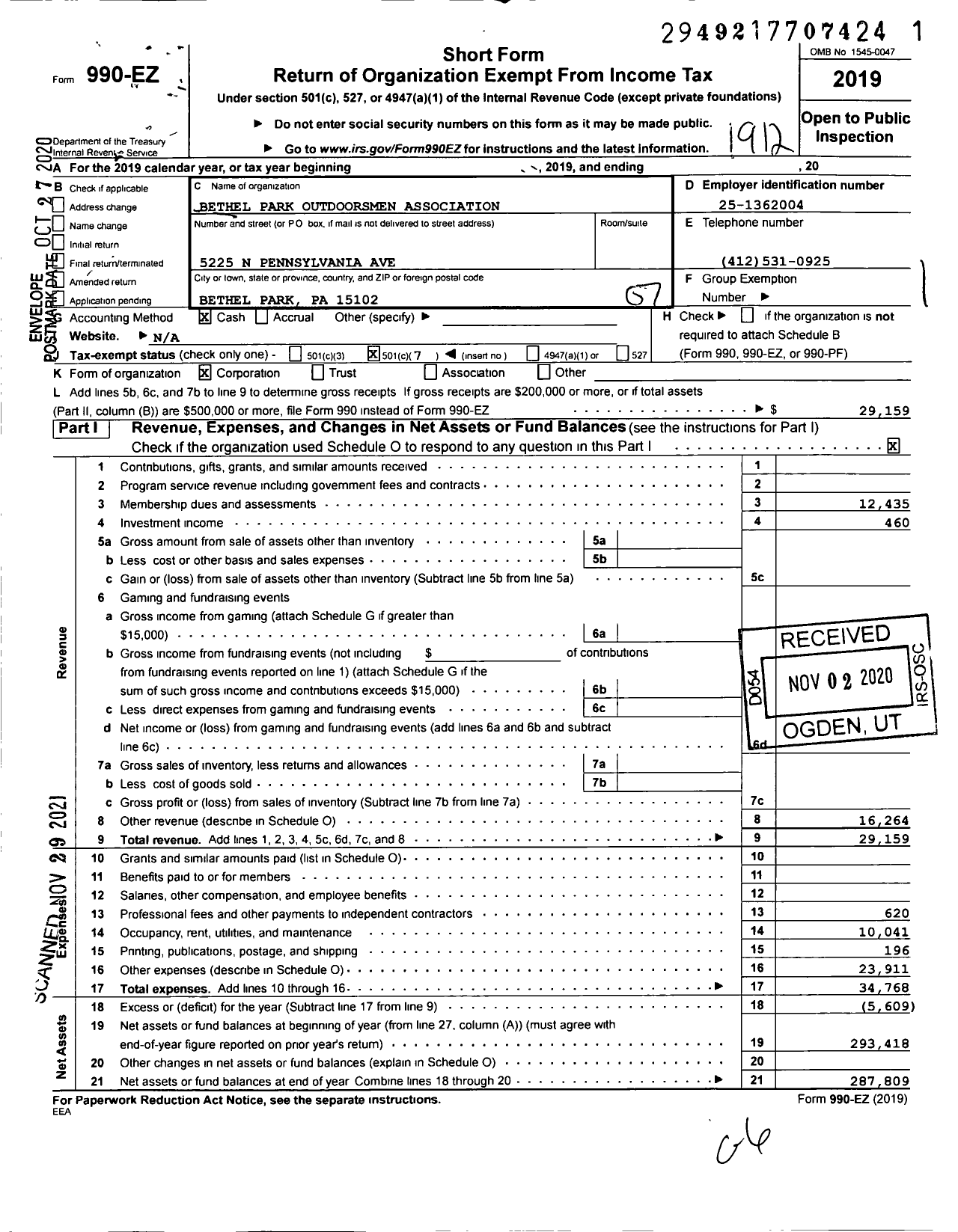 Image of first page of 2019 Form 990EO for Bethel Park Outdoorsmen Association