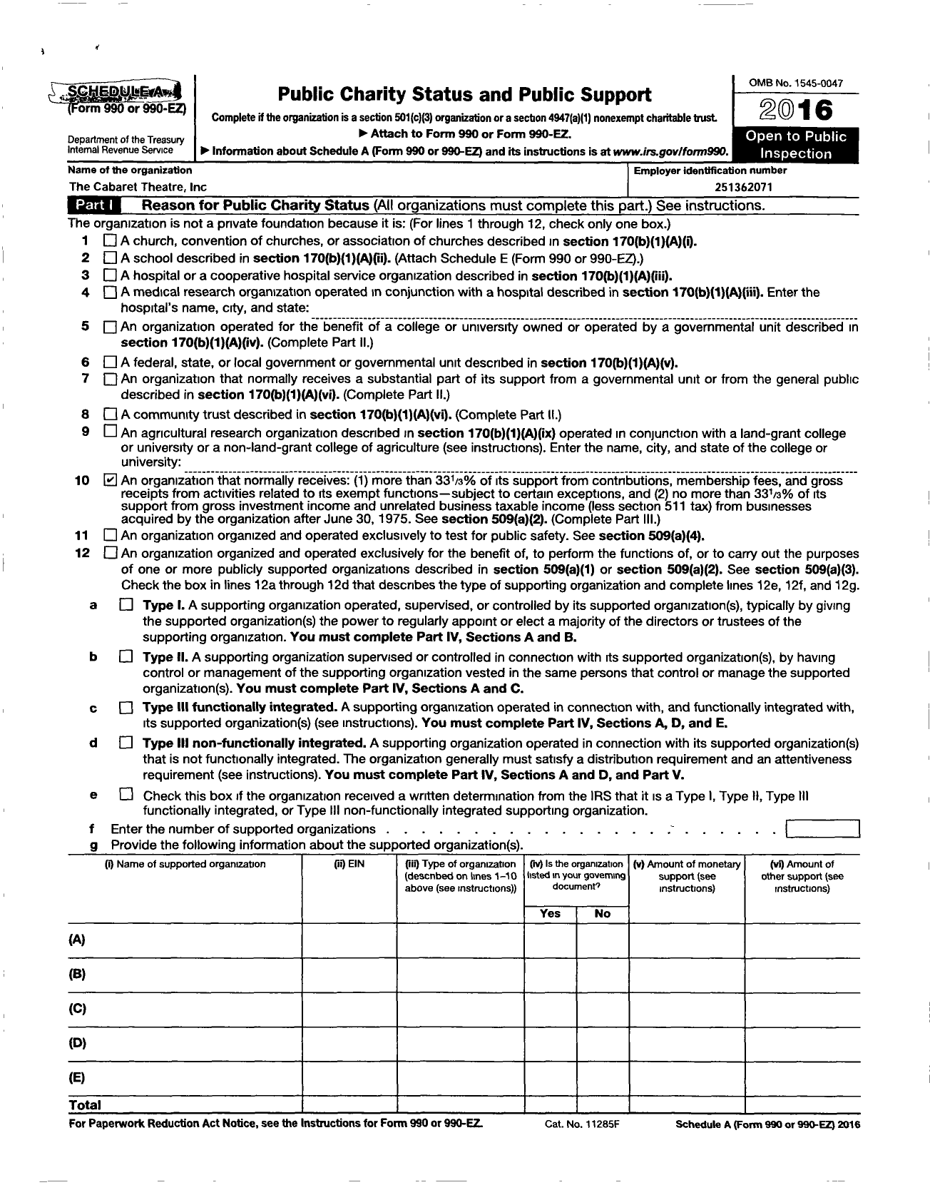 Image of first page of 2016 Form 990EZ for Cabaret Theatre