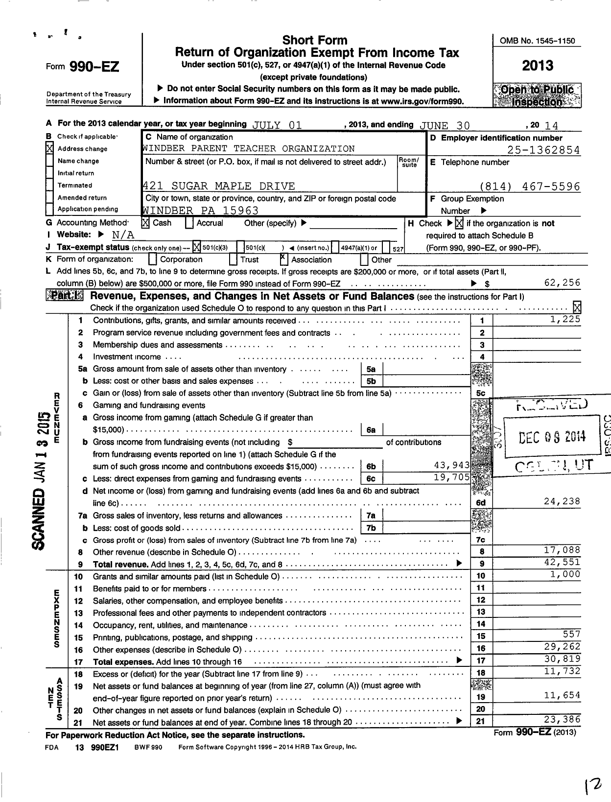 Image of first page of 2013 Form 990EZ for Windber Parent Teacher Organization