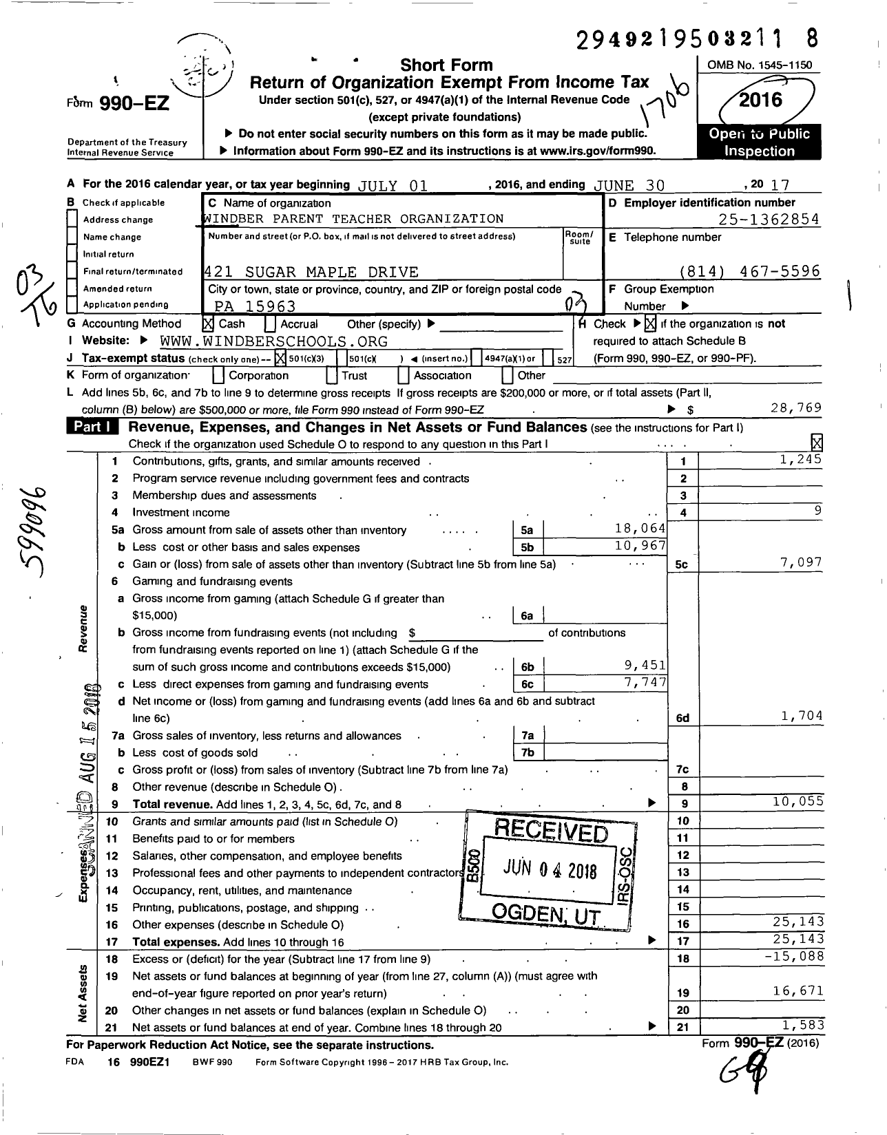 Image of first page of 2016 Form 990EZ for Windber Parent Teacher Organization