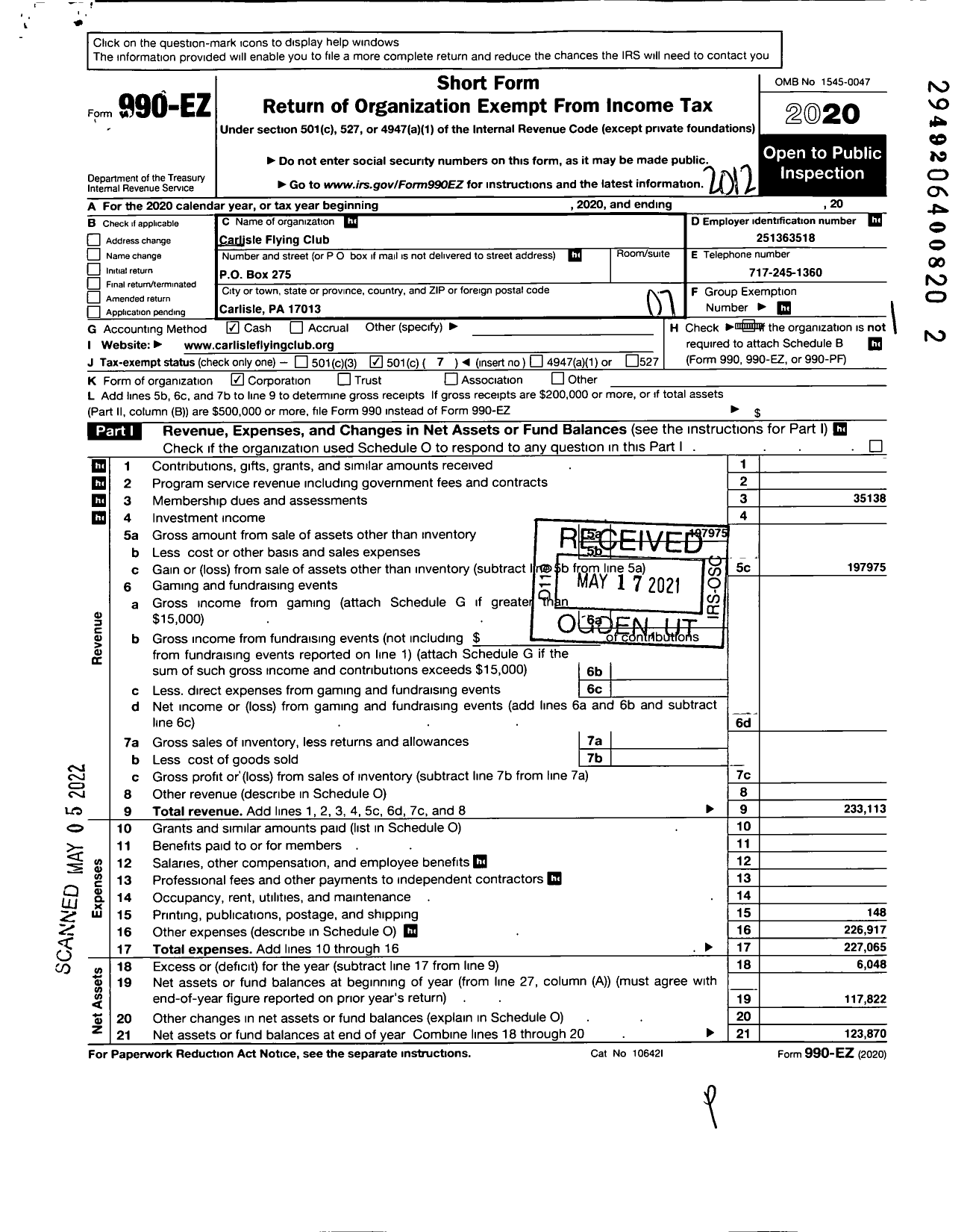 Image of first page of 2020 Form 990EO for Carlisle Cap Flying Club