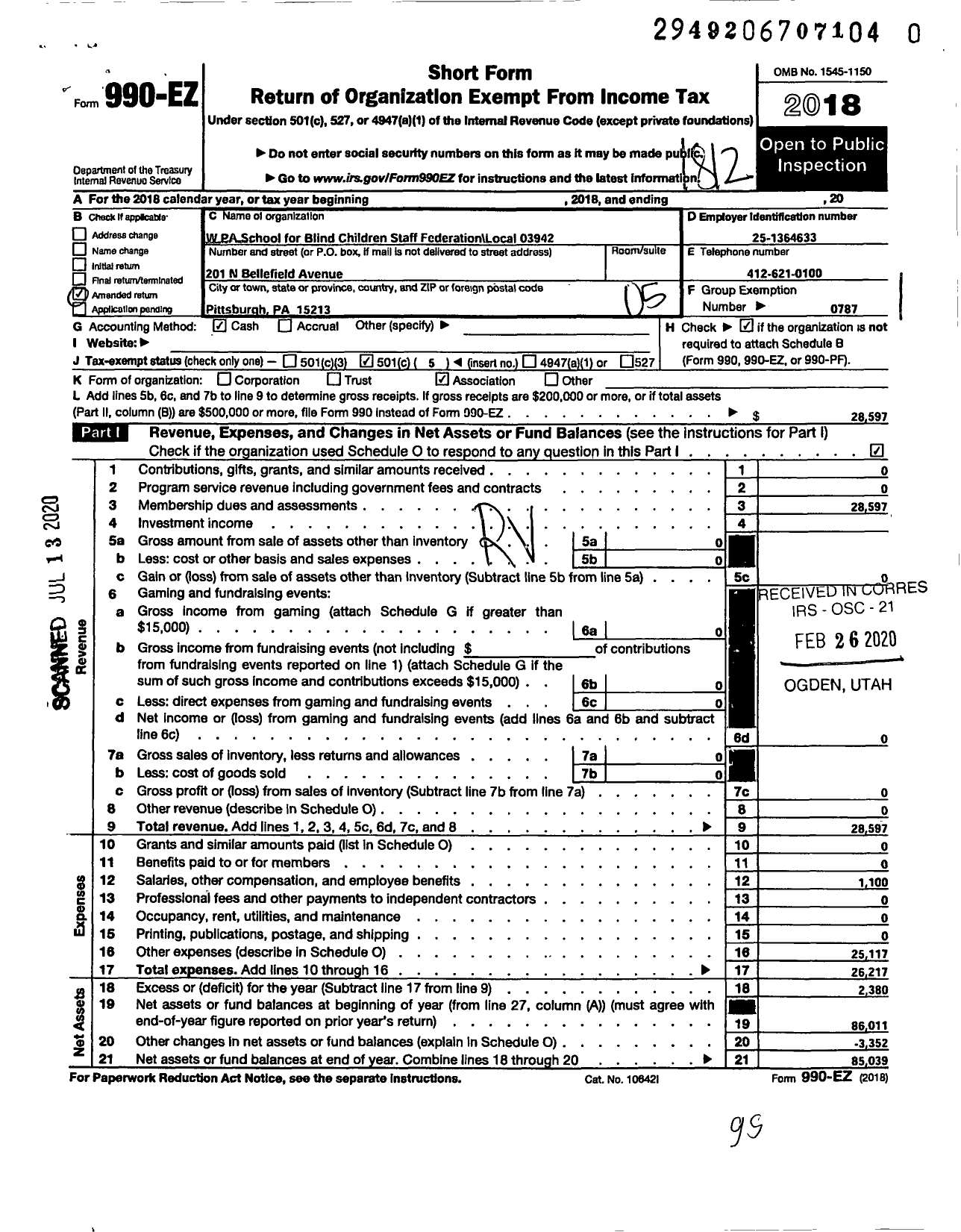 Image of first page of 2018 Form 990EO for American Federation of Teachers - 3942 Western Pennsylvania School Fo