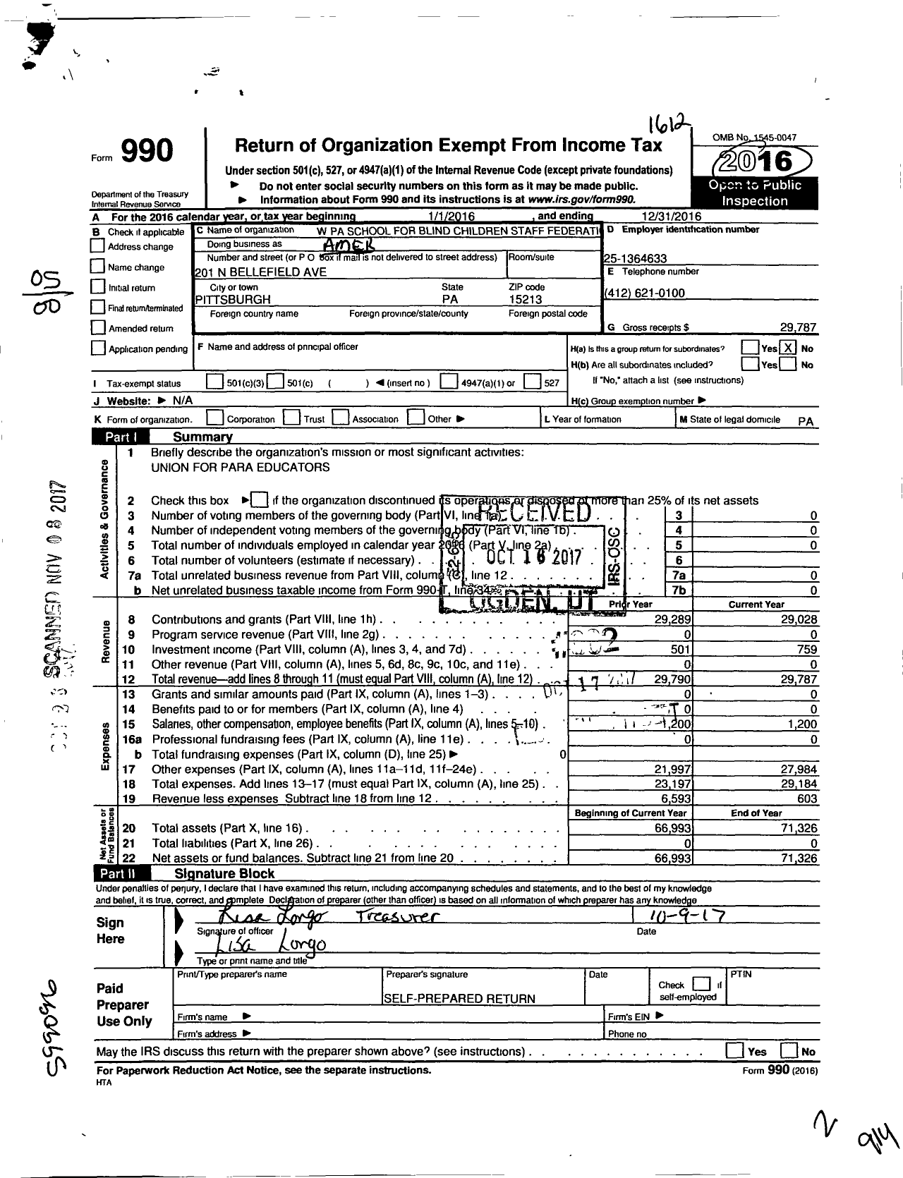 Image of first page of 2016 Form 990O for American Federation of Teachers - 3942 Western Pennsylvania School Fo