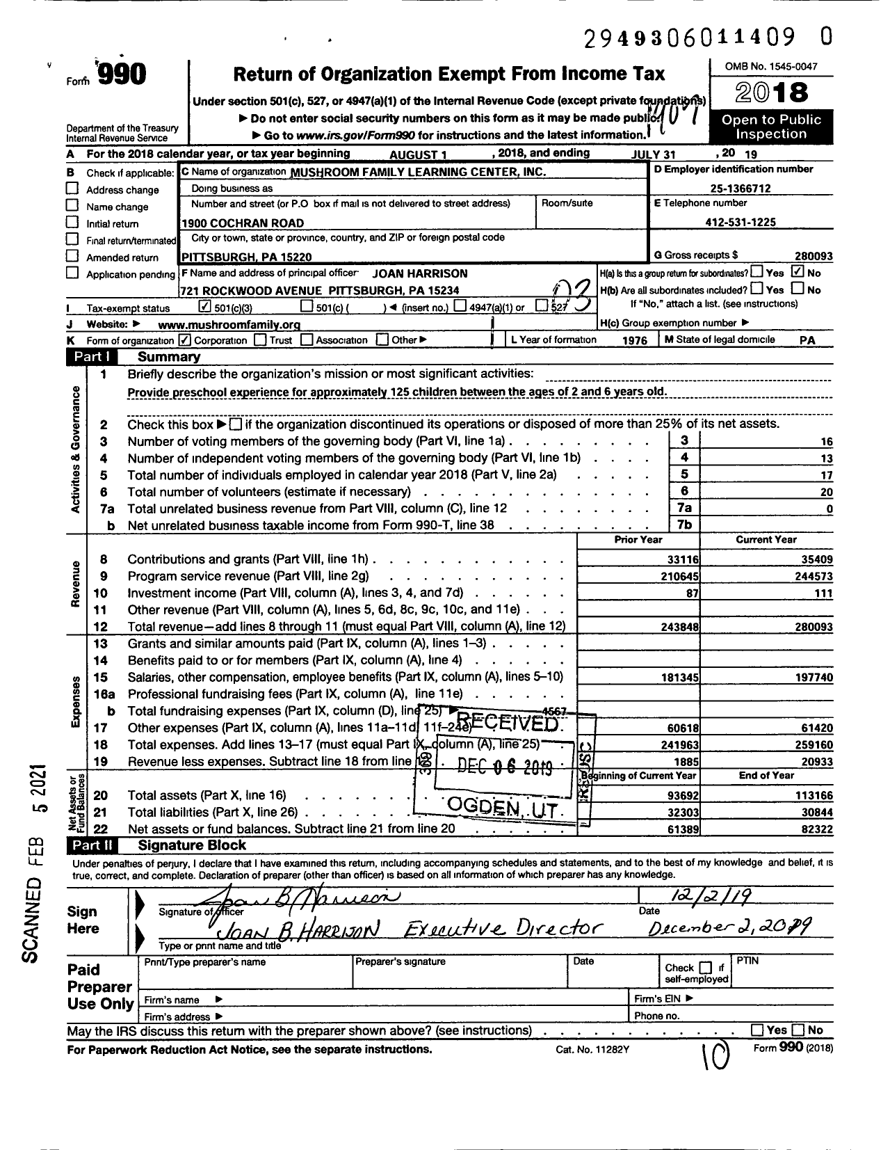 Image of first page of 2018 Form 990 for Mushroom Family Learning Center