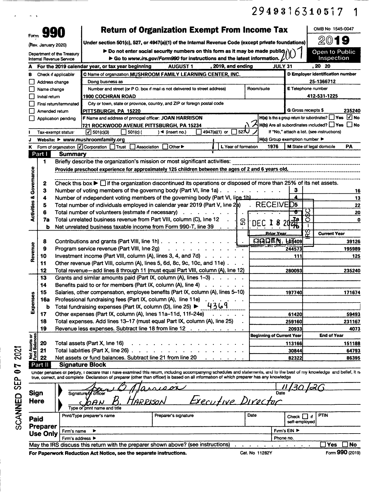 Image of first page of 2019 Form 990 for Mushroom Family Learning Center