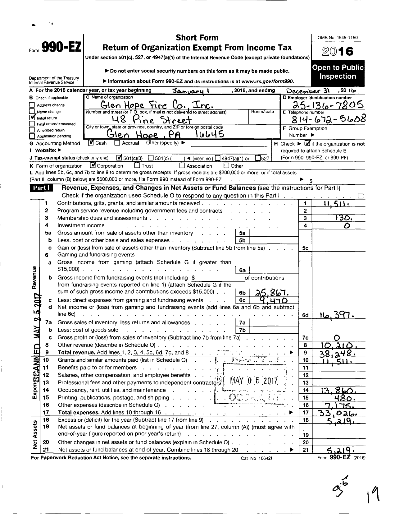 Image of first page of 2016 Form 990EZ for Glen Hope Fire Company