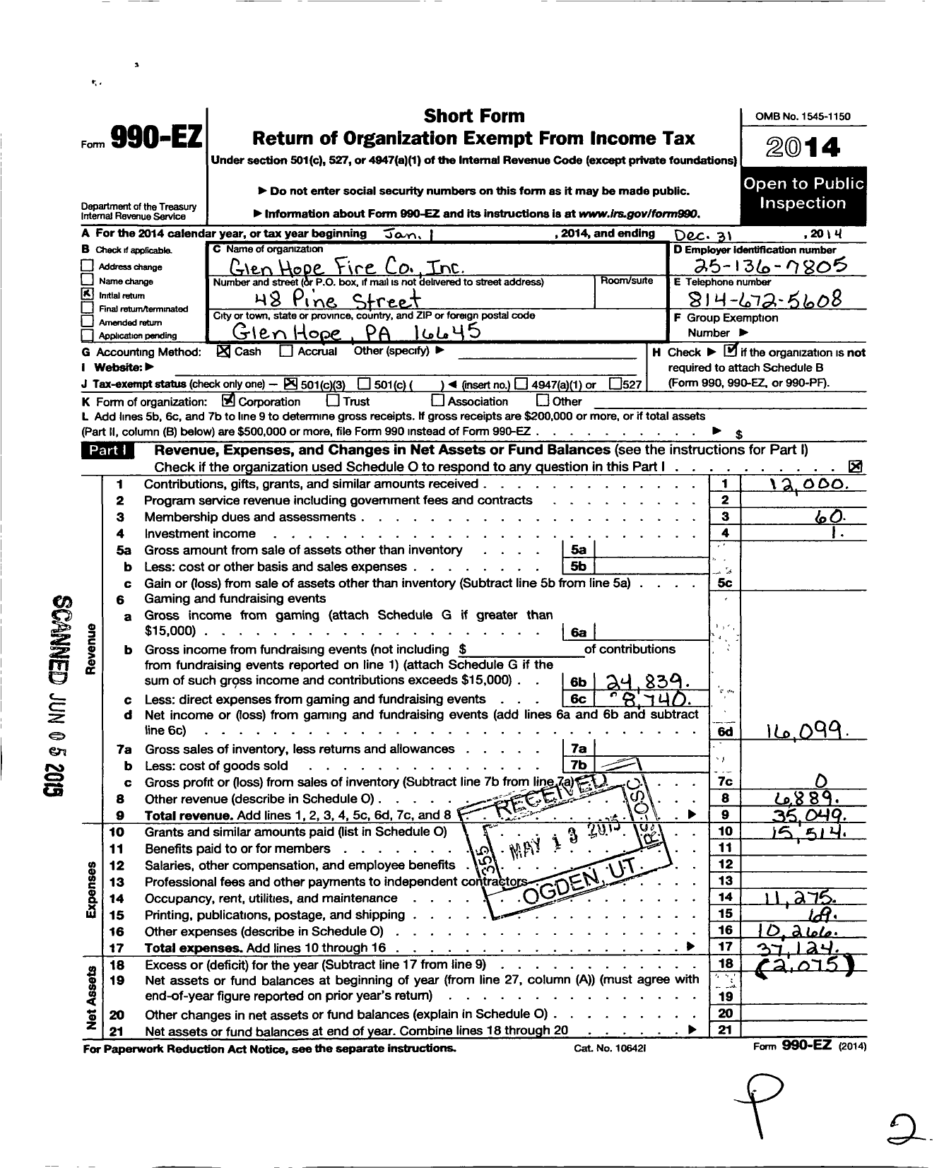 Image of first page of 2014 Form 990EZ for Glen Hope Fire Company