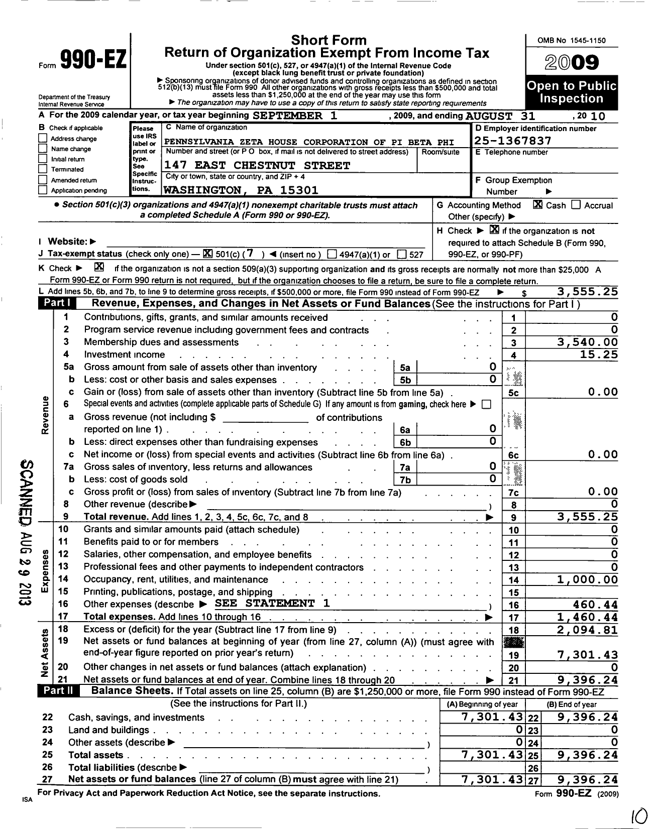 Image of first page of 2009 Form 990EO for Pennsylvania Zeta House Corporation of Pi Beta Phi