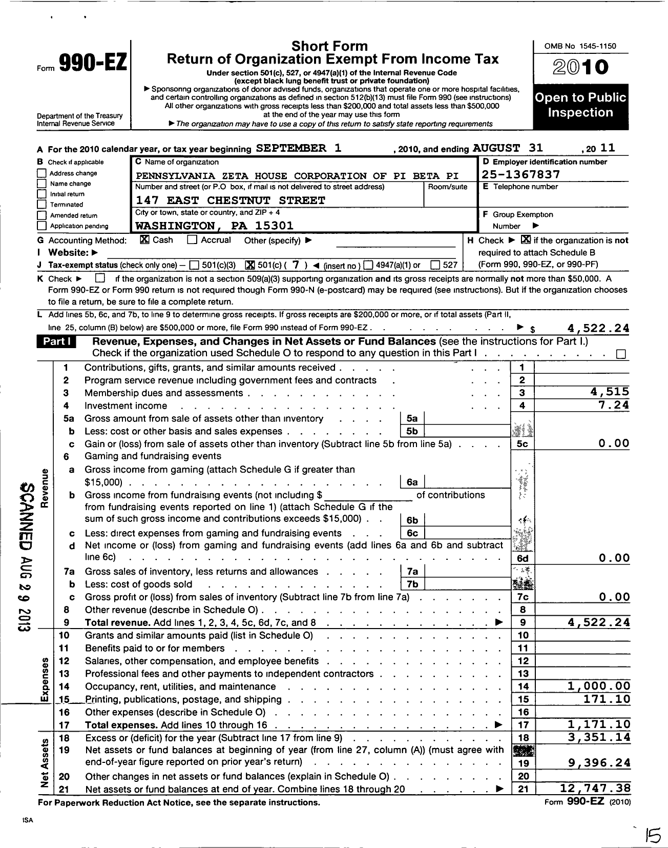 Image of first page of 2010 Form 990EO for Pennsylvania Zeta House Corporation of Pi Beta Phi