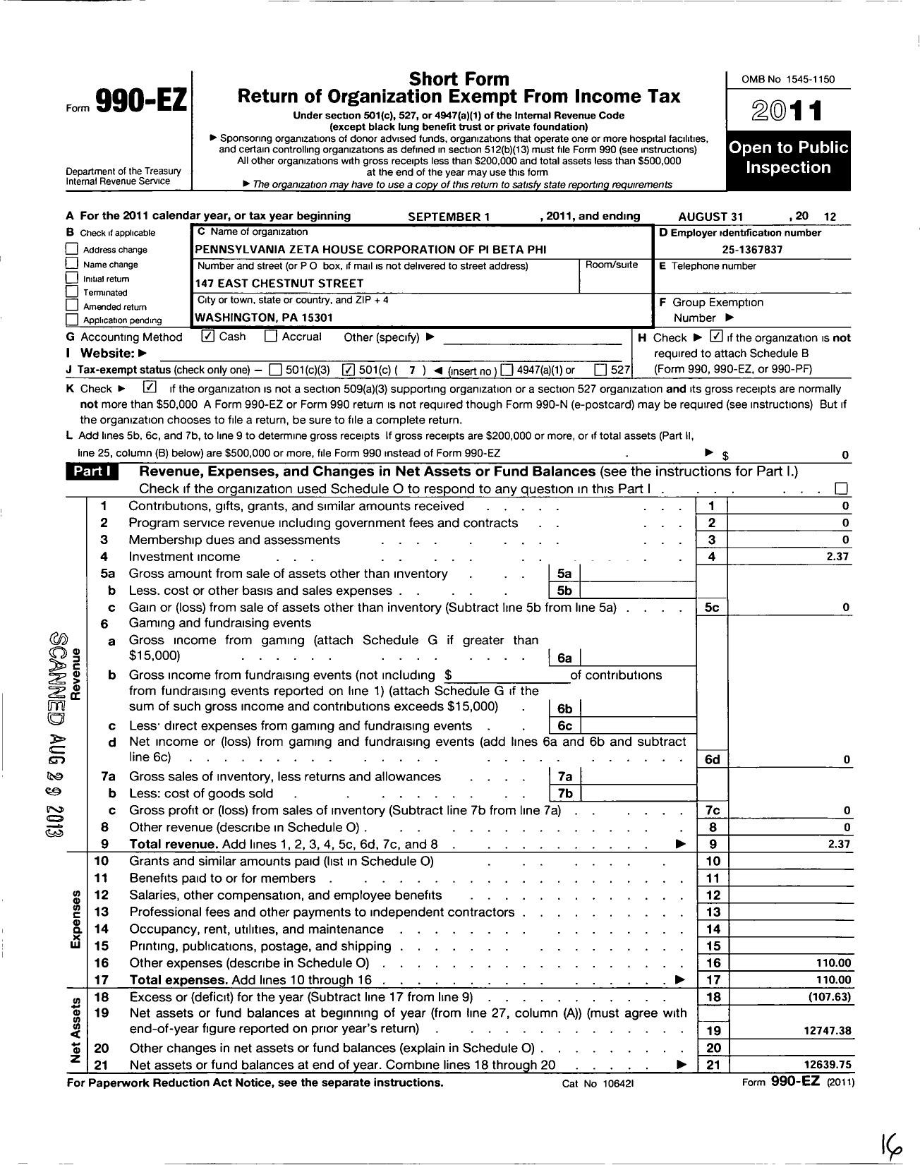 Image of first page of 2011 Form 990EO for Pennsylvania Zeta House Corporation of Pi Beta Phi