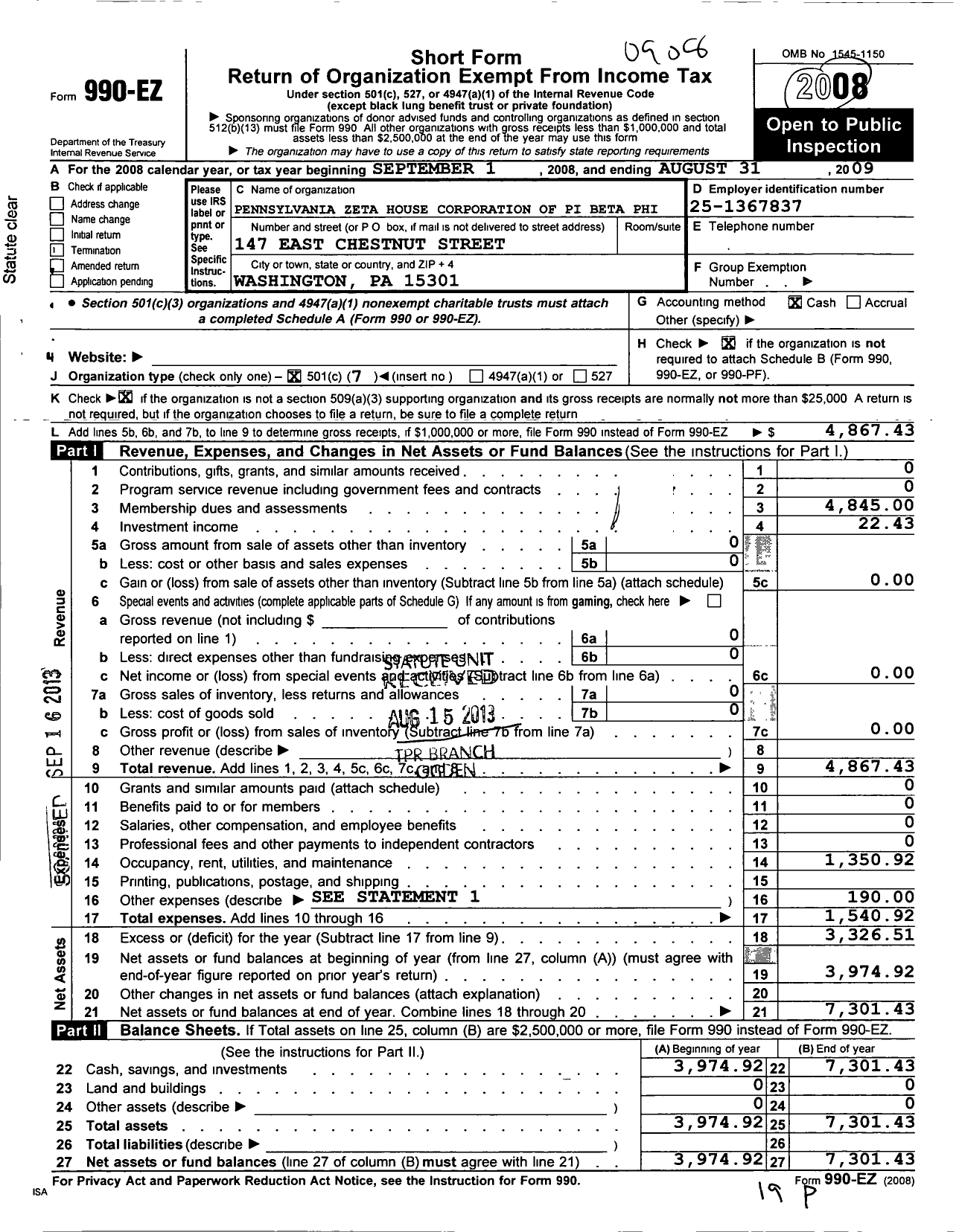 Image of first page of 2008 Form 990EO for Pennsylvania Zeta House Corporation of Pi Beta Phi