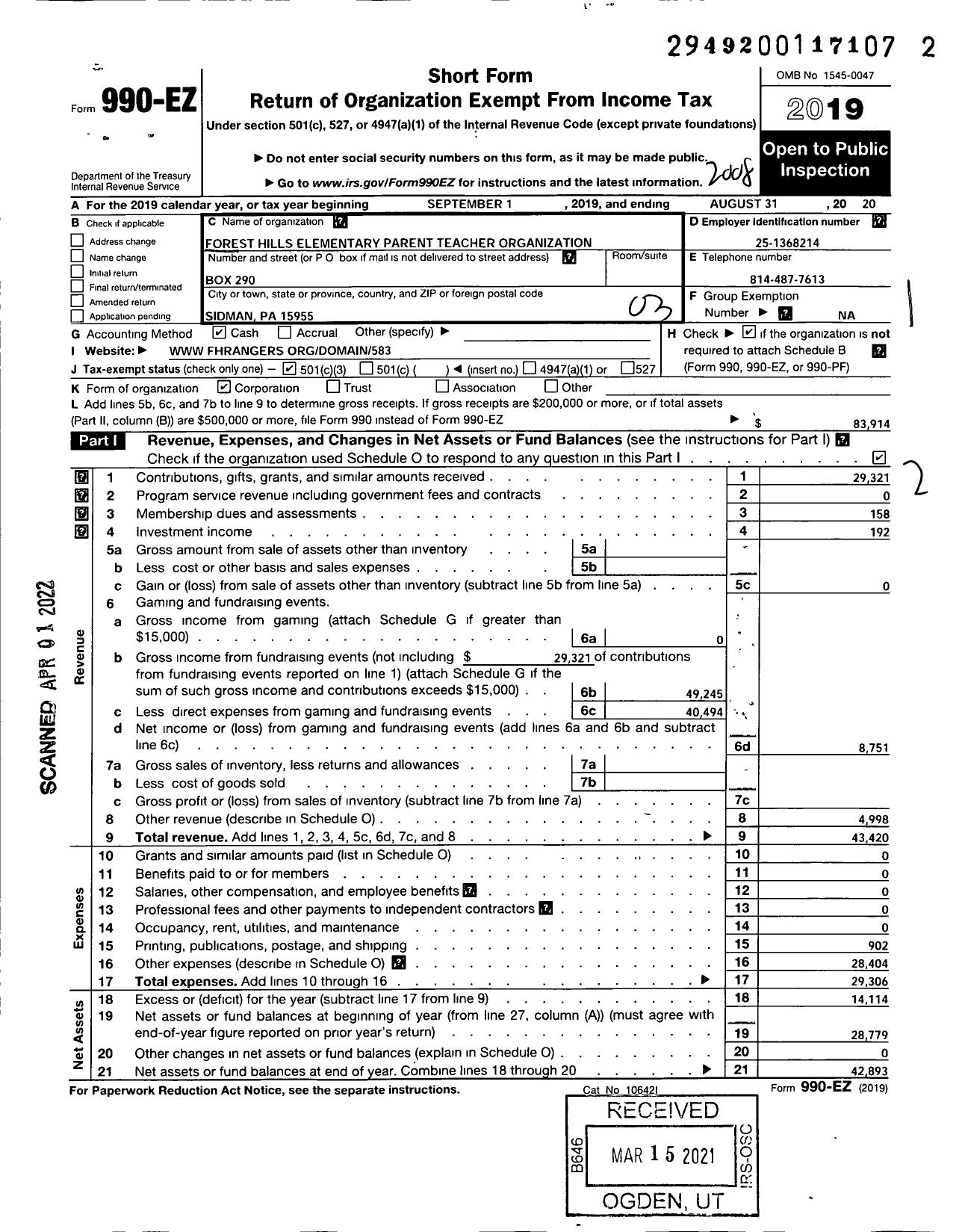 Image of first page of 2019 Form 990EZ for Forest Hills Elem Parent Teacher Org